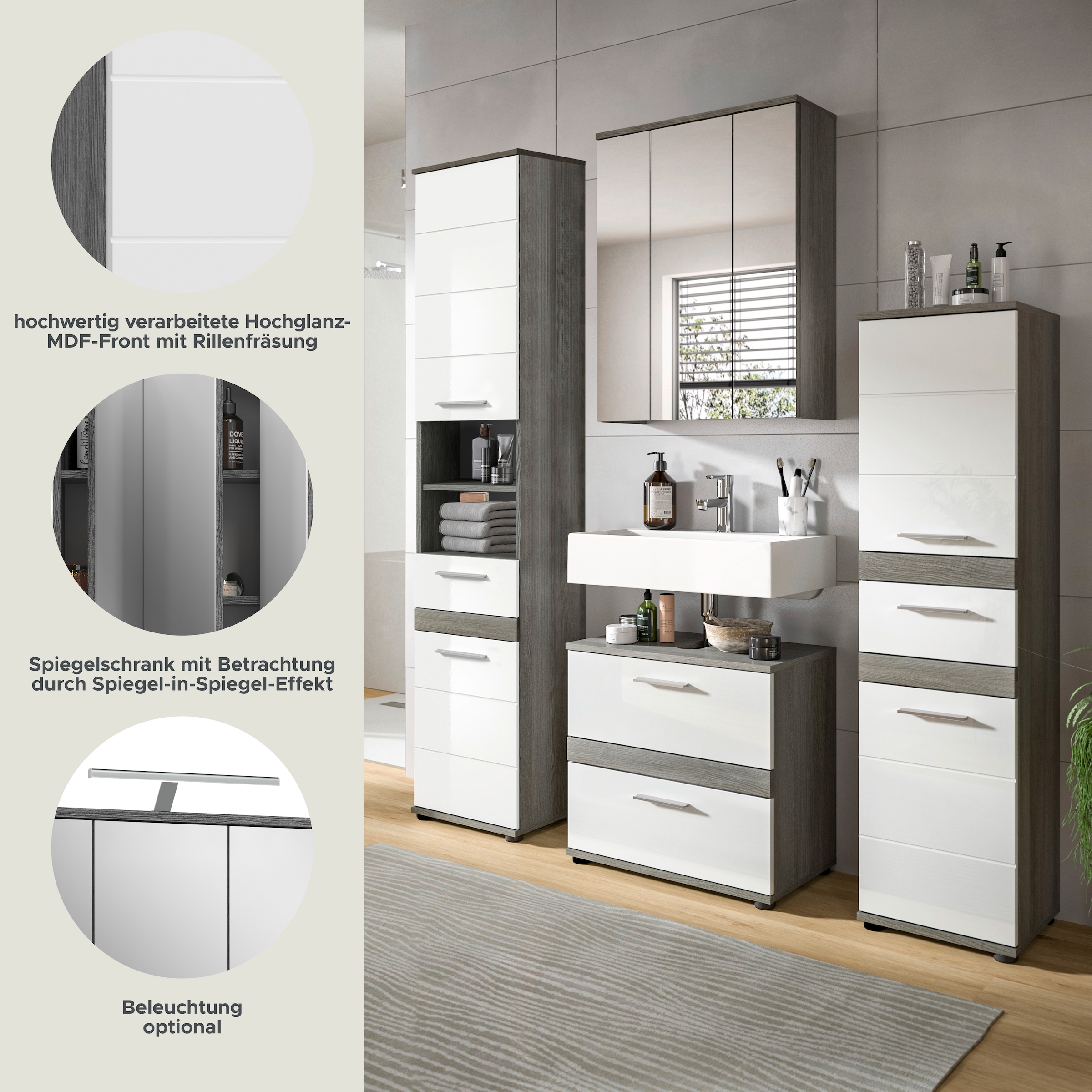 welltime Badmöbel-Set »LUCCA, 4-teilig, TOPSELLER!, MDF Hochglanzfront, bestehend aus:«, (Set, 4 St.), Hochschrank, Waschbeckenunterschrank, Spiegelschrank, Standschrank