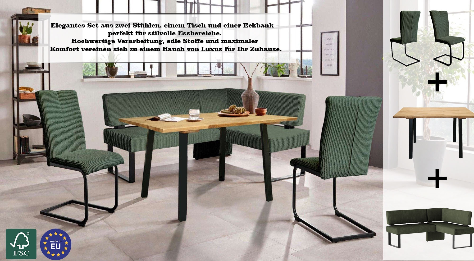 Home affaire Eckbankgruppe »Oliver«, (Set, 4 tlg., 4-tlg), Eckbank mit Wellenunterfederung im Sitz, Tisch Massiv Eiche