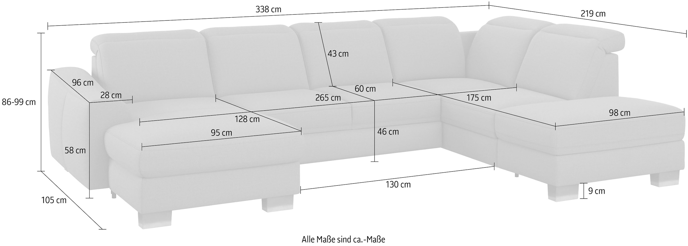 sit&more Wohnlandschaft »Dundee U-Form«, mit Federkern und Edelstahlfüßen, wahlweise mit Kopfteilverstellung