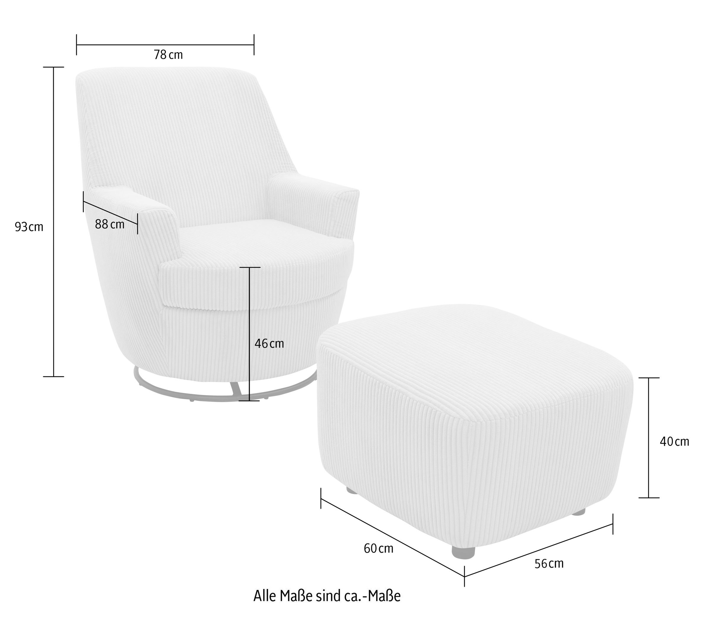 INOSIGN Drehsessel »HETTY, Drehsessel mit Wippfunktion und Hocker; Lesesessel, Armsessel«, (Set, 2 St.), mit Dreh/Wippfunktion, mit Federkern, in Cord und Microfaser
