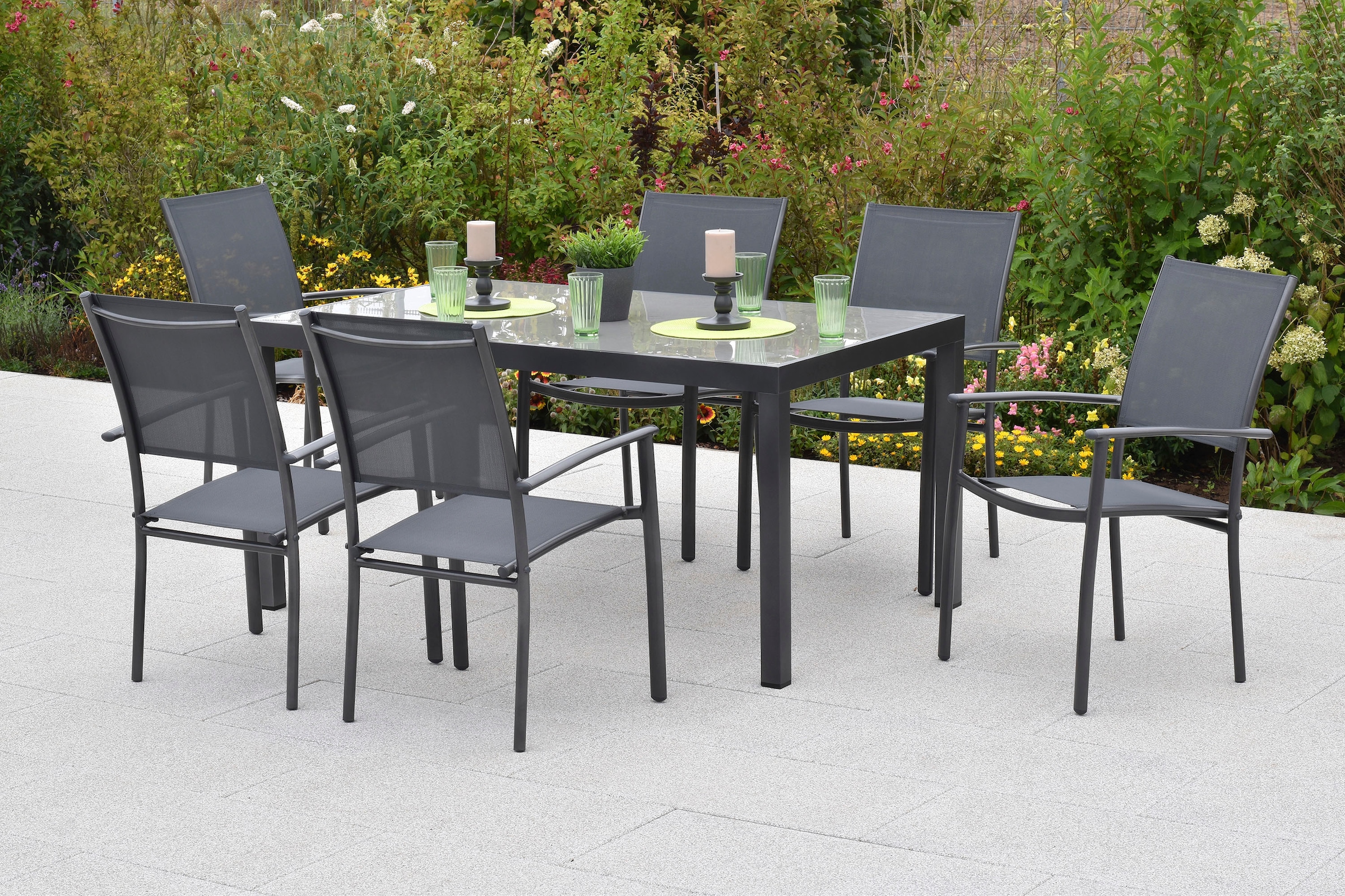 MERXX Garten-Essgruppe »»Milano««, (Set, 7 tlg.), Sessel stapelbar, graue Glasplatte