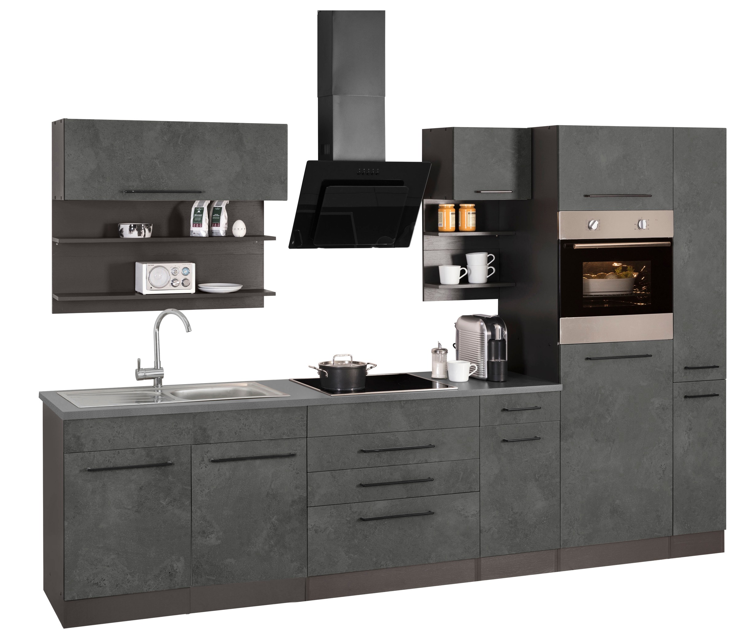 KOCHSTATION Küchenzeile »KS-Tulsa«, ohne E-Geräte, Breite 320 cm, schwarze Metallgriffe, MDF Fronten