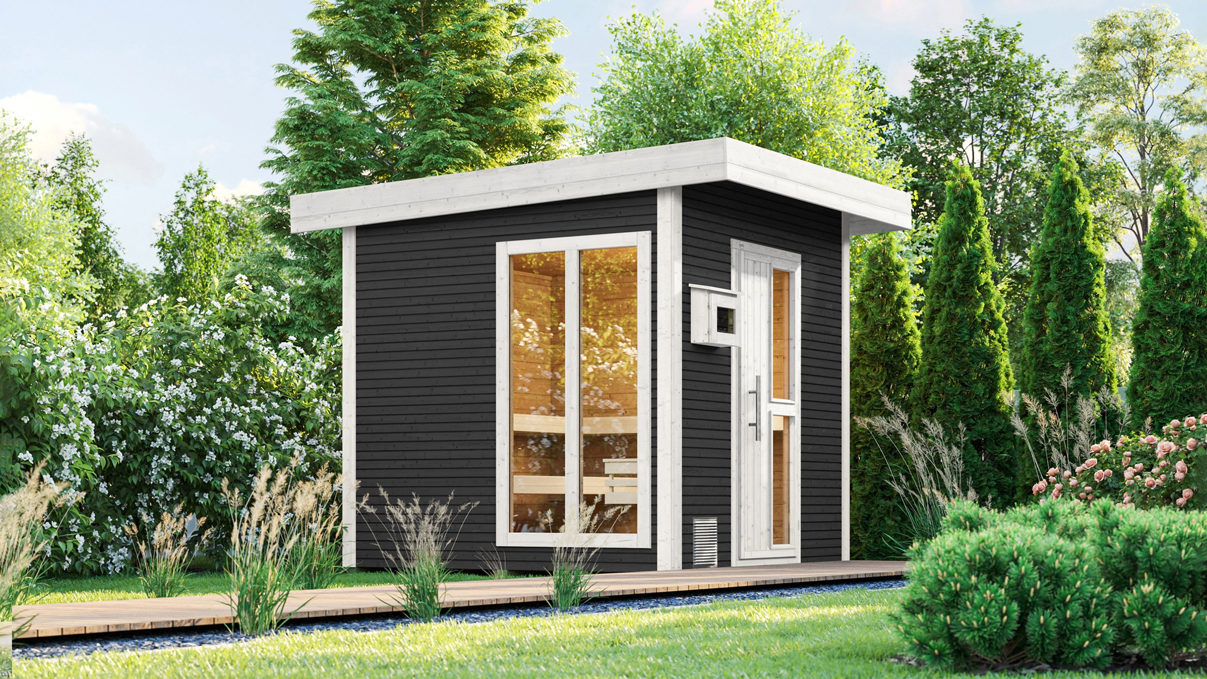 weka Saunahaus »Design-Saunahaus KUOPIO 2« Blockbohlen im wekaLine-Profil, bodentiefes Fensterelement