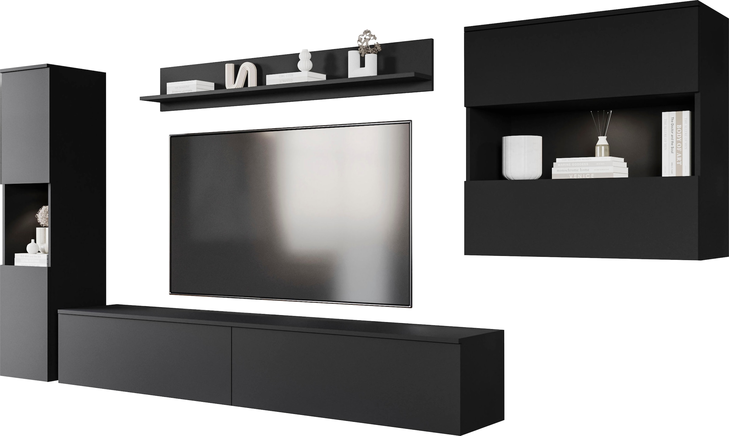 INOSIGN Wohnwand »PARIS, Vitrine Türanschlag links/rechts wechselbar«, (Komplett-Set, 4 St.), grifflose Design, stehend und hängend montierbar