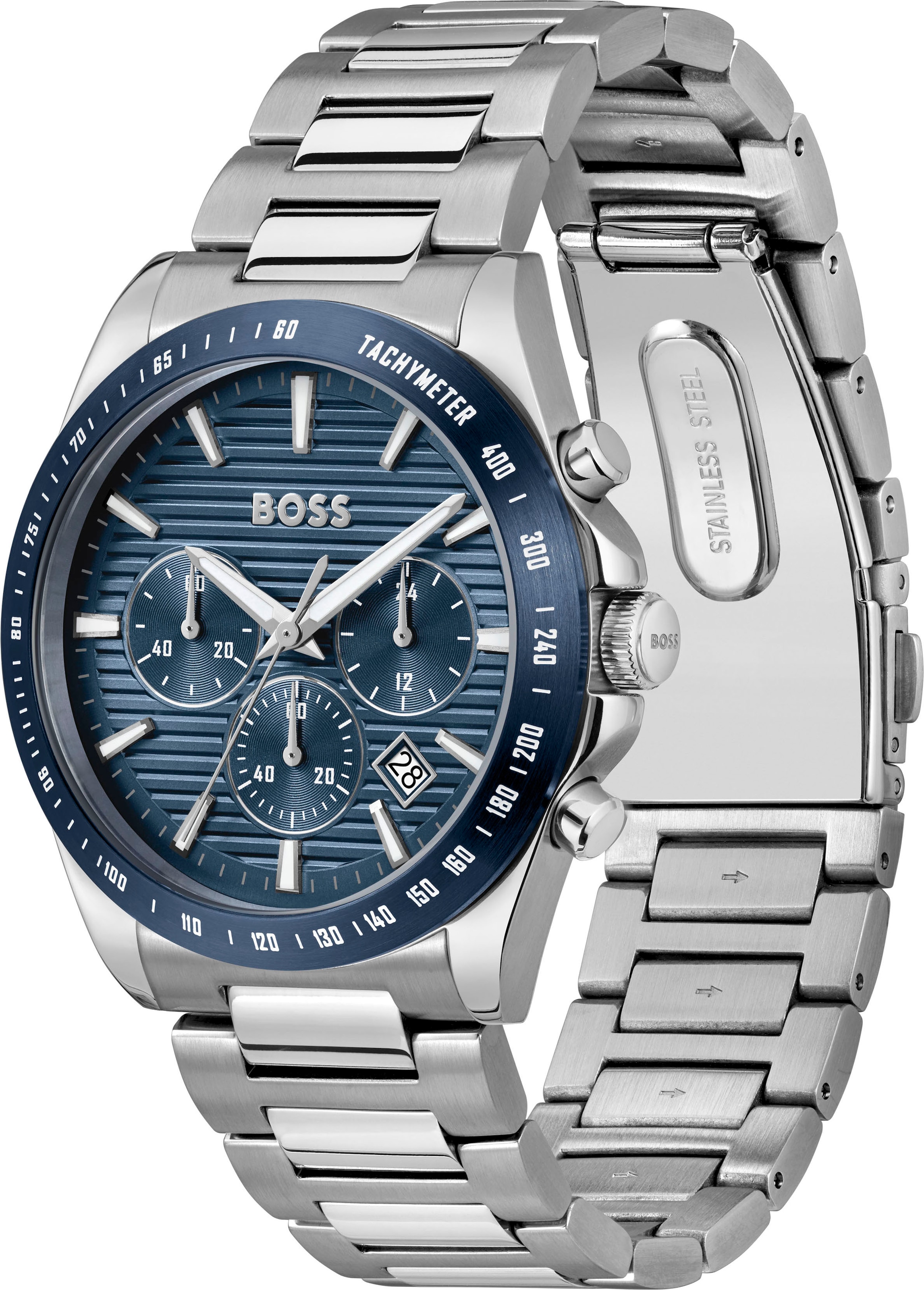BOSS Chronograph »STRIKE CHRONO«, Quarzuhr, Armbanduhr, Herrenuhr, Edelstahlarmband, analog, Tag