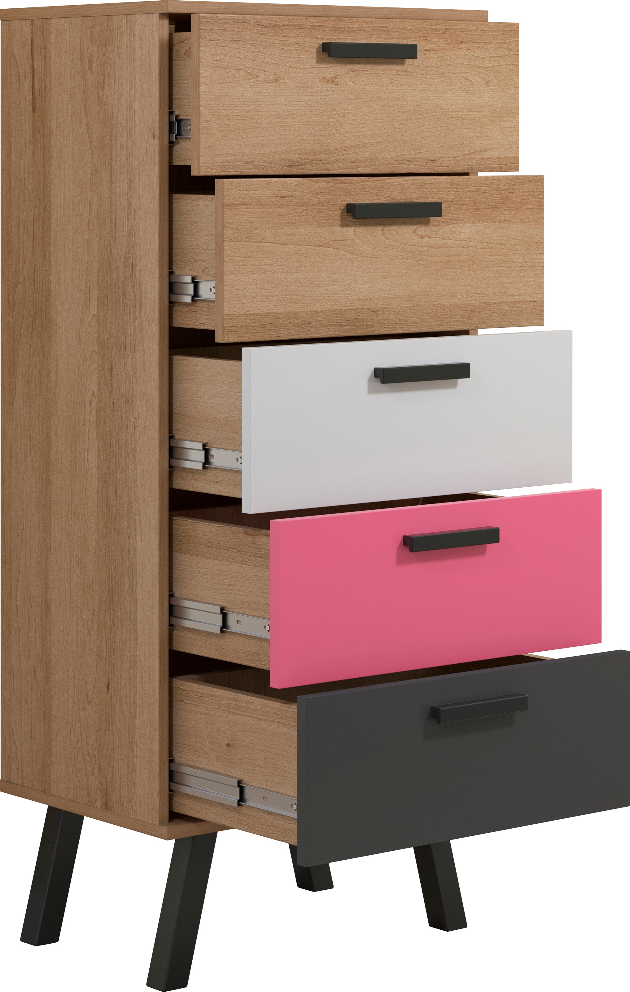 TRENDTEAM Hochkommode »Mats« Kommode Bianco Buche Nachbildung/Weiß+Graphit+Blau oder Rosa (beides im Lieferumfang)