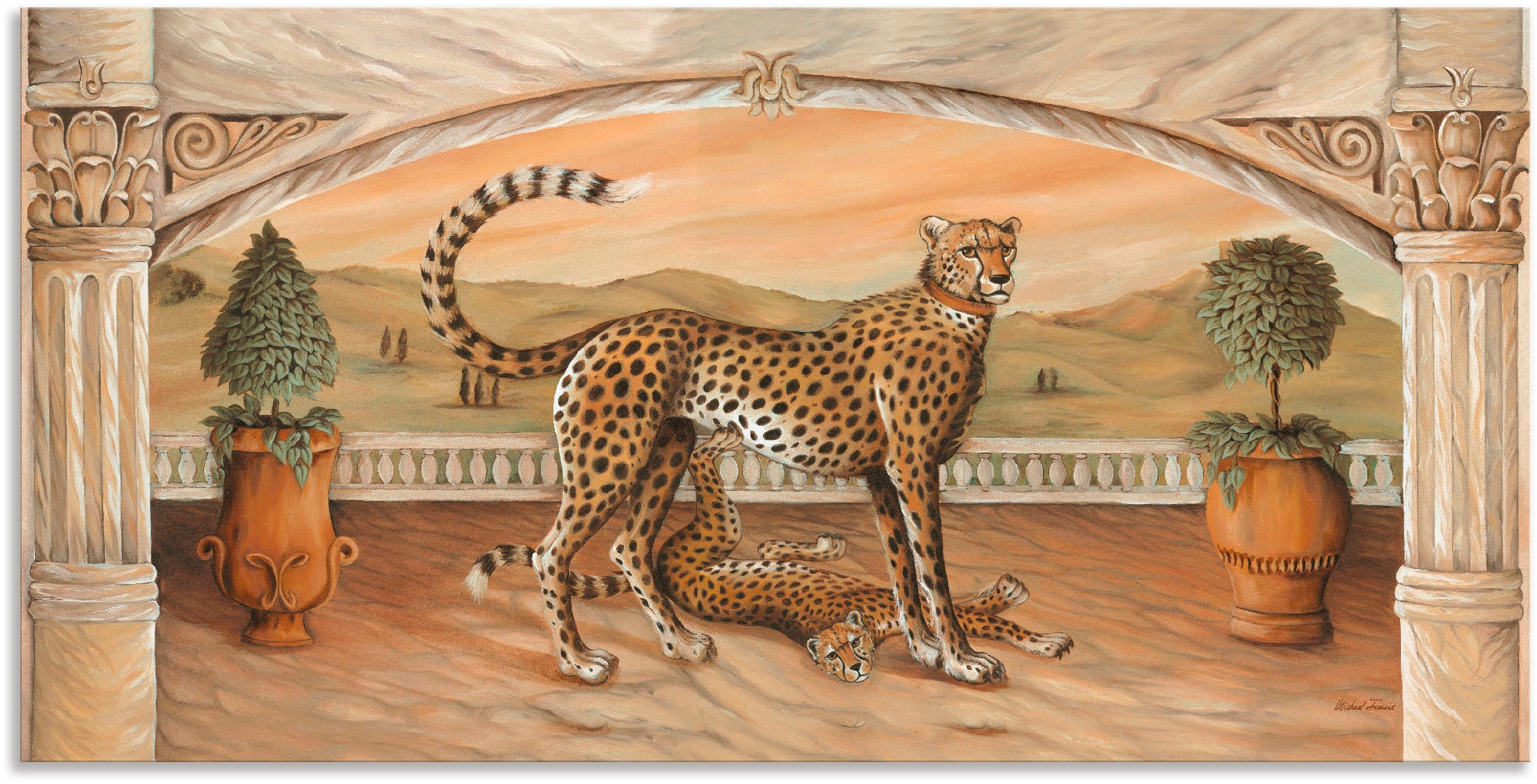 (1 versch. Alubild, Artland Wandbild online »Geparden Poster als unterm Bogen«, Wandaufkleber Größen oder bestellen in Wildtiere, St.), Leinwandbild,