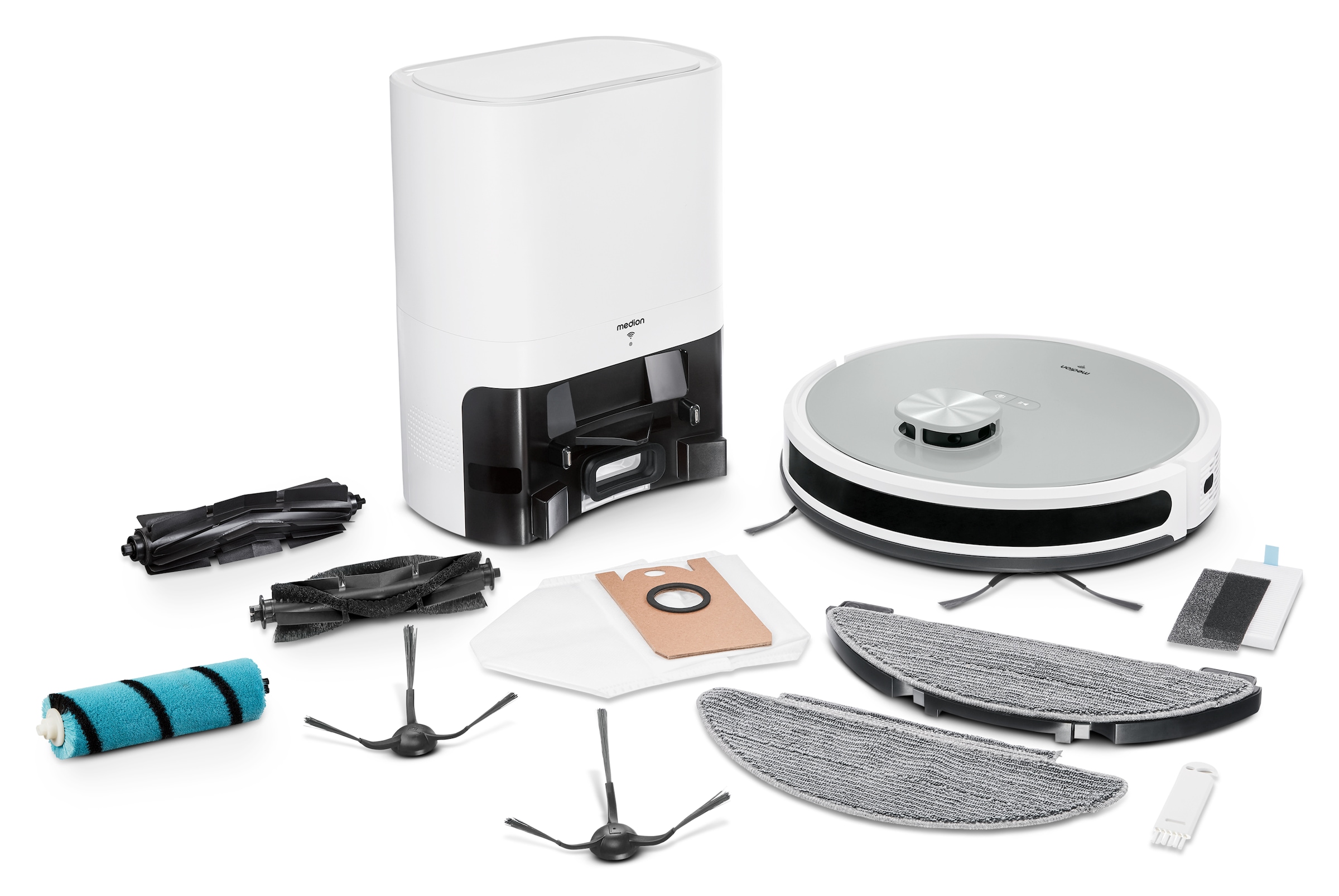 Medion® Nass-Trocken-Saugroboter »X21 SW+ (MD 11500), Absaugstation, Lasernavigation, 3 kPa Saugleistung«, App- und Sprachsteuerung, raumspezifische Reinigung, Verbotszonen