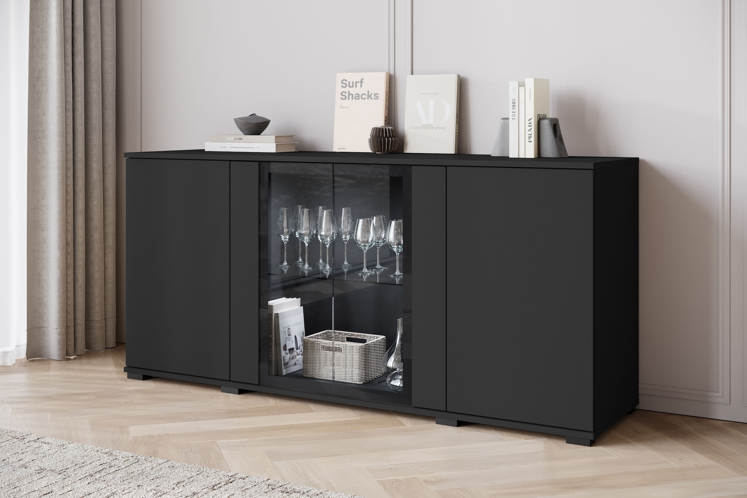 INOSIGN Sideboard »Caro, modernes Design mit Glaseinsätzen, Breite 150 cm«, (1 St.), Grifflose Fronten mit Push-to-Open, höhenverstellbare Einlegeböden