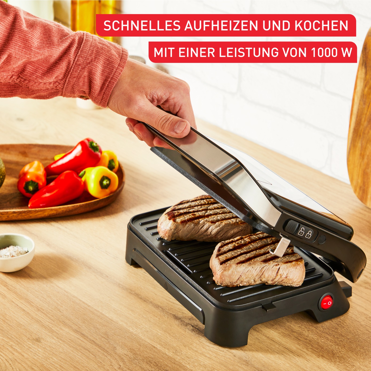 Tefal Kontaktgrill »Inicio Compact, 2-in-1 Panini /Grill, antihaftbeschichtetete Platten«, 1000 W, Platzsparendes Design, spülmaschinengeeignete Saftschale, GC270D