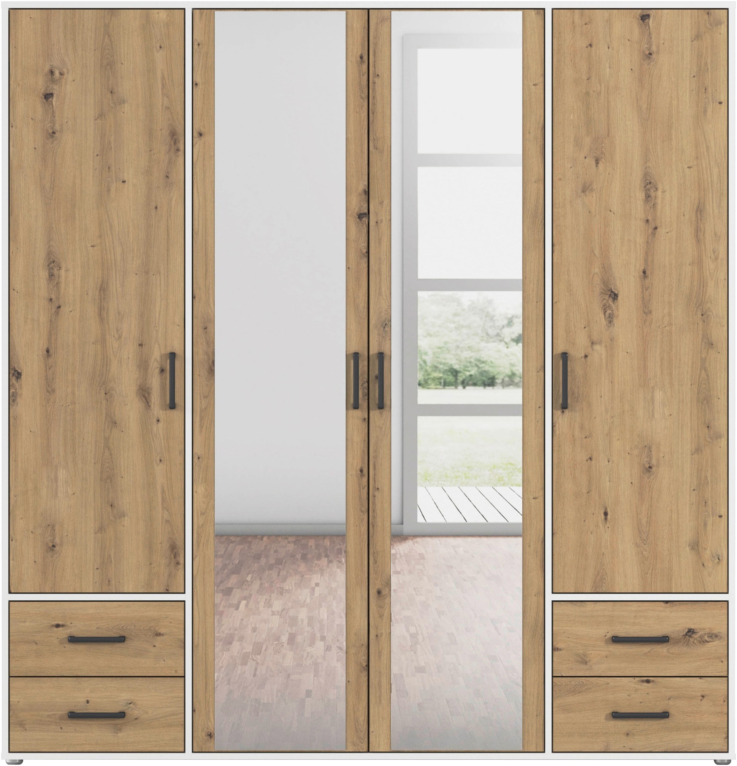 rauch Drehtürenschrank »Kleiderschrank Schrank Garderobe Wäscheschrank VOYAGER«, (in 3 verschiedenen Ausstattungen BASIC/CLASSIC/PREMIUM), mit modernen Griffen in Graumetallic, inkl. Schubkästen und Spiegel