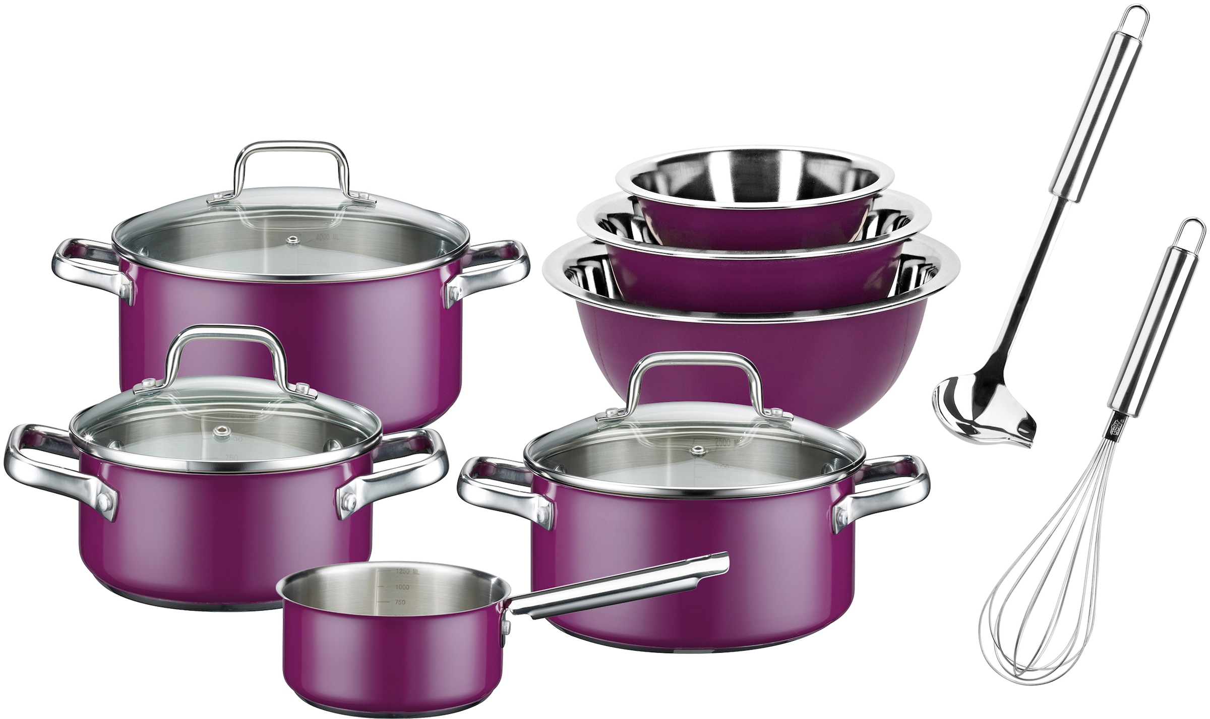 GSW Topf-Set »Magic Color«, Edelstahl 18/8, (Set, 12 tlg., je 1 Kochtopf 16/20/24 cm, 1x Stielkasserolle 16 cm, 3 Schüsseln), Induktion