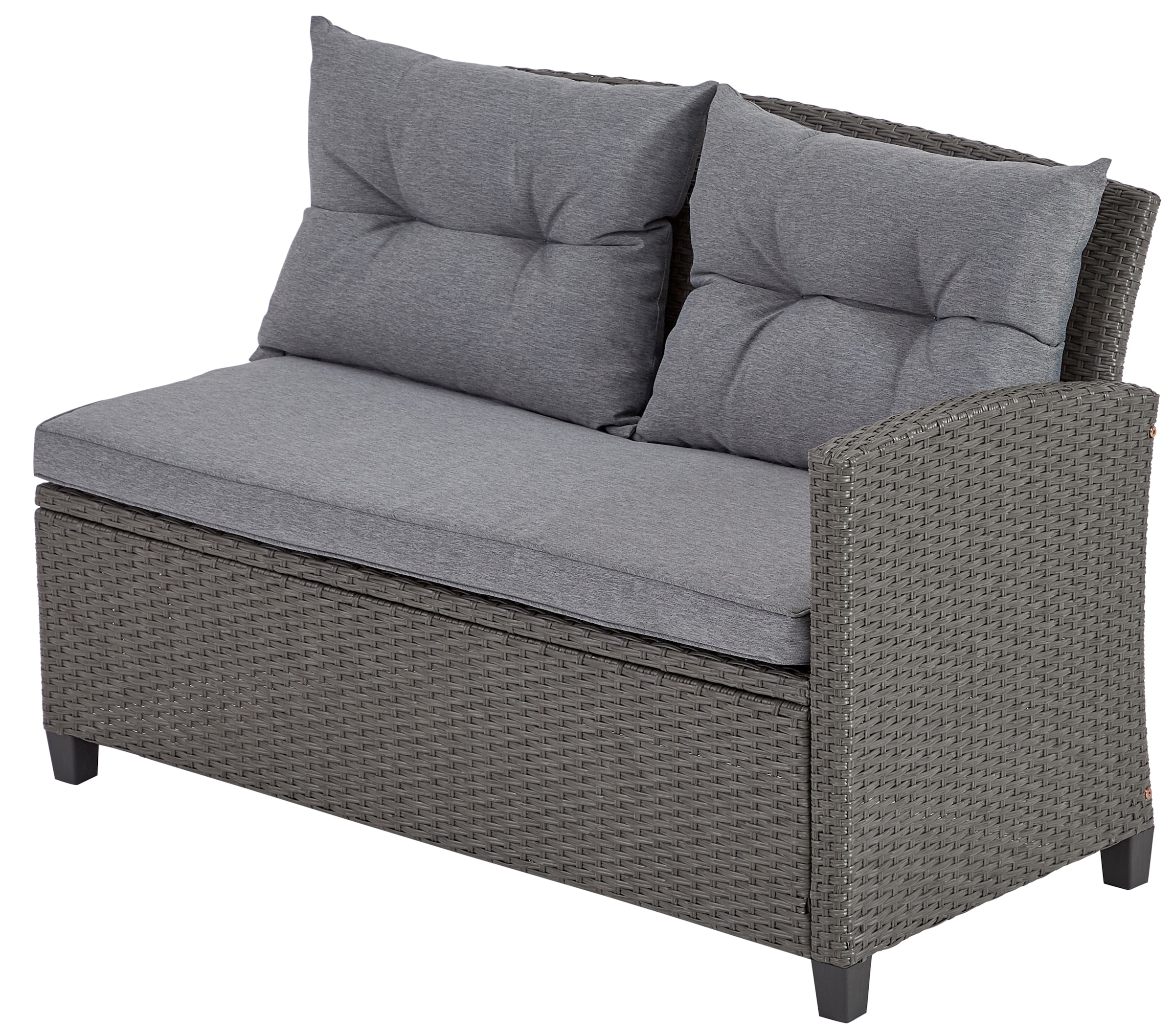 KONIFERA Gartenlounge-Set »Cordoba«, (Set, 11 tlg., 2x Bank, 1x Sessel, 1x Tisch 90x55x43cm, inkl. Auflagen), Polyratten, Stahl, Tischplatte aus Nonwood, geeignet für 4 Personen