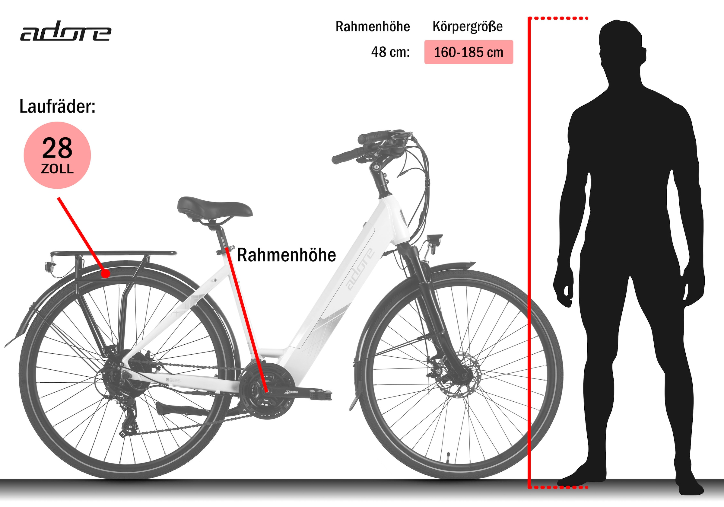 Adore »28" Alu Trekking E-Bike ATR-180 Heckmotor 50NM / 15Ah Glacier White« 24 Gang Shimano Tourney Schaltwerk Kettenschaltung Heckmotor 250 W Pedelec, Elektrofahrrad für Damen und Herren