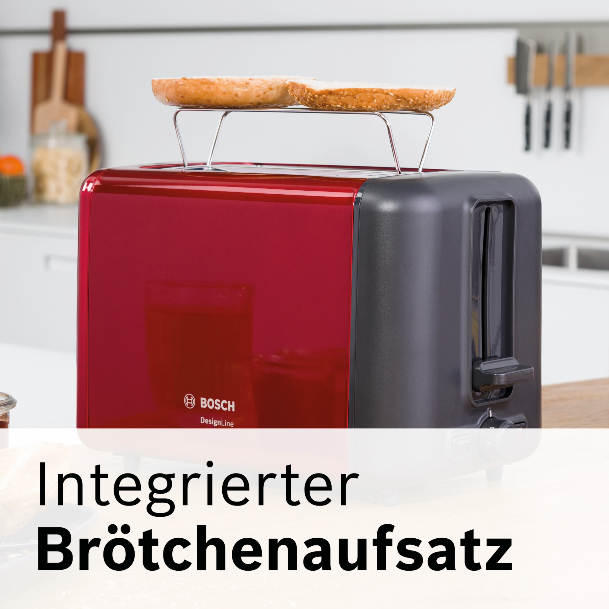 BOSCH Toaster »DesignLine TAT3P424DE, Integrierter Edelstahl-Brötchenaufsatz« 2 kurze Schlitze 820 W Abschaltautomatik, Auftaufunktion, Liftfunktion, Breit, rot