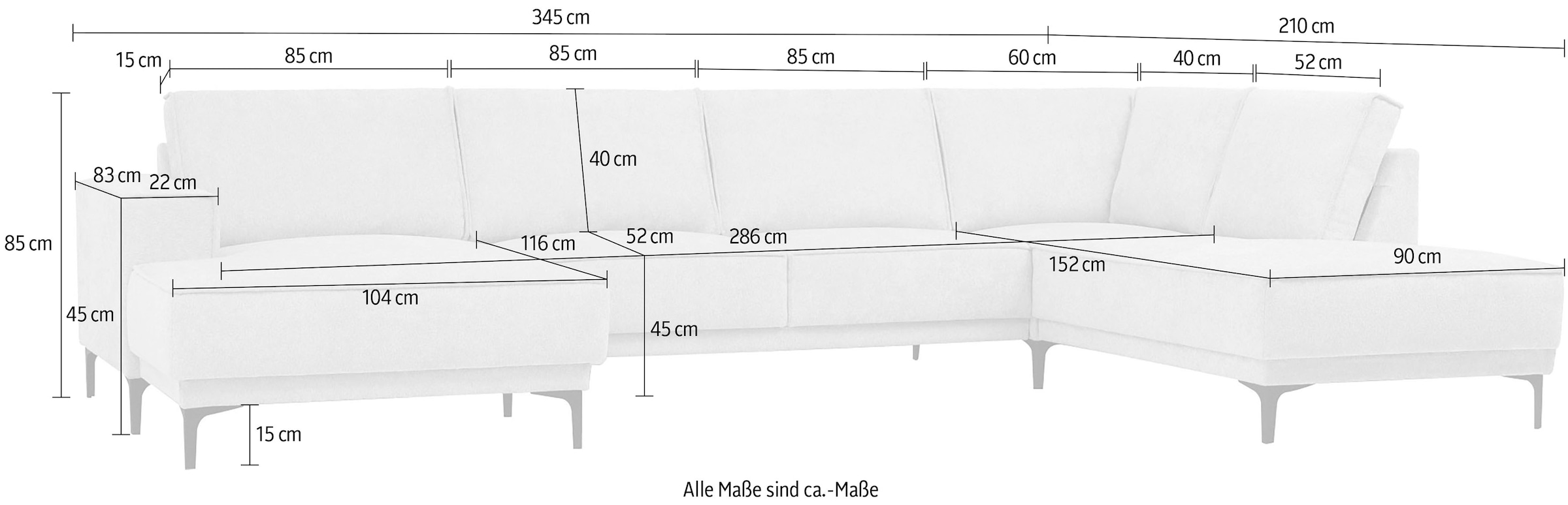 Places of Style Wohnlandschaft »XXL Sofa Oland, Struktur, Flachgewebe, Luxus-Microfaser, Boucle«, U-Form, 345 cm, Wellenunterfederung, Skandi-Design, Metallfüße