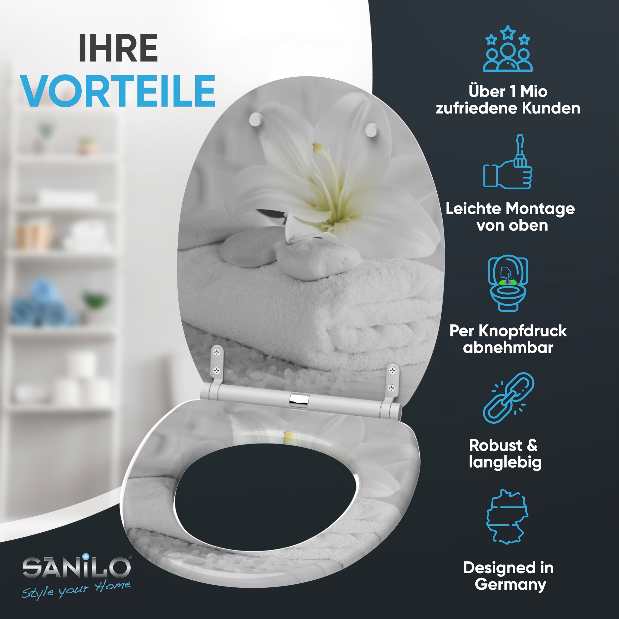 Sanilo WC-Sitz »Good Feeling mit Absenkautomatik & Quick Release« Premium Toilettendeckel, abnehmbar, leichte Montage von oben