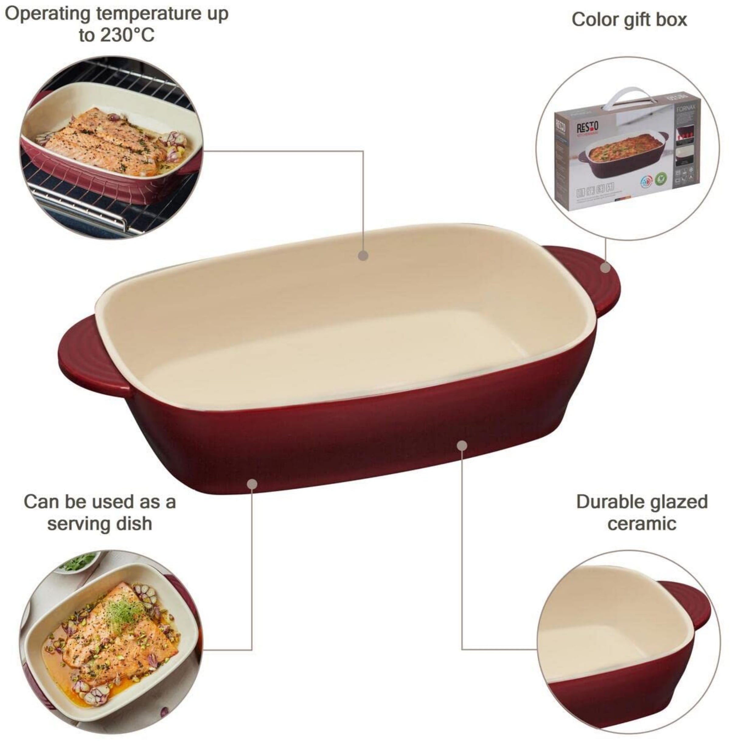 RESTO Kitchenware Auflaufform »Fornax Backform Lasagneform Ofenform Spülmaschinengeeignet«, Keramik, (1 St.), Rechteckig aus Keramik, rot, in 2 Größen, für Brot, Lasagne, Brownie