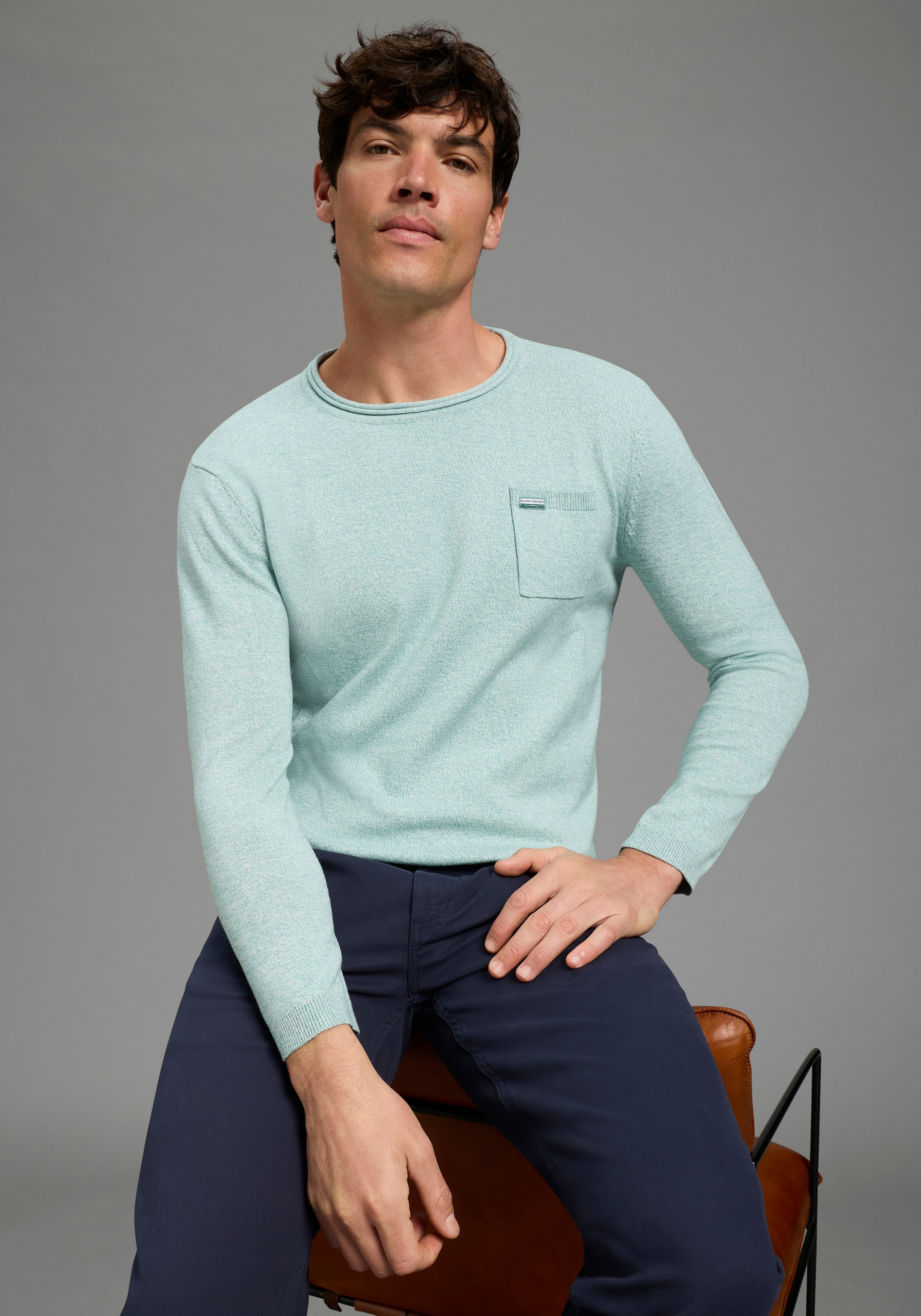 Bruno Banani Rundhalspullover aus Baumwolle, mit Rundhalsausschnitt, Langarm, melierte Optik