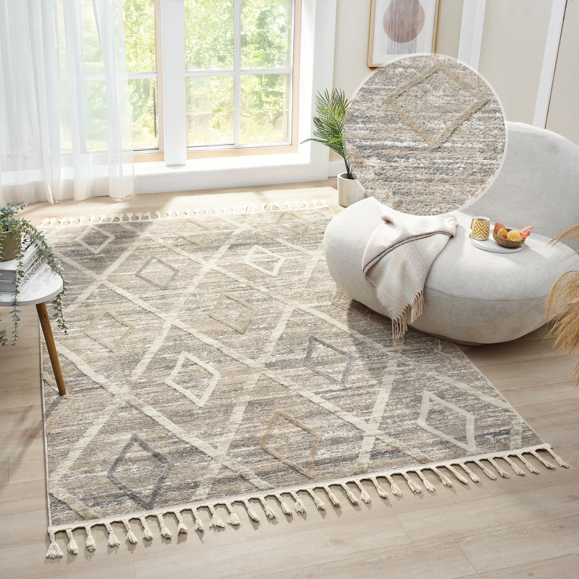 OTTO home Teppich »Otilie« rechteckig 11 mm Höhe dichte Qualität, Woll-Look, Boho, mit Fransen und Rauten, Scandi