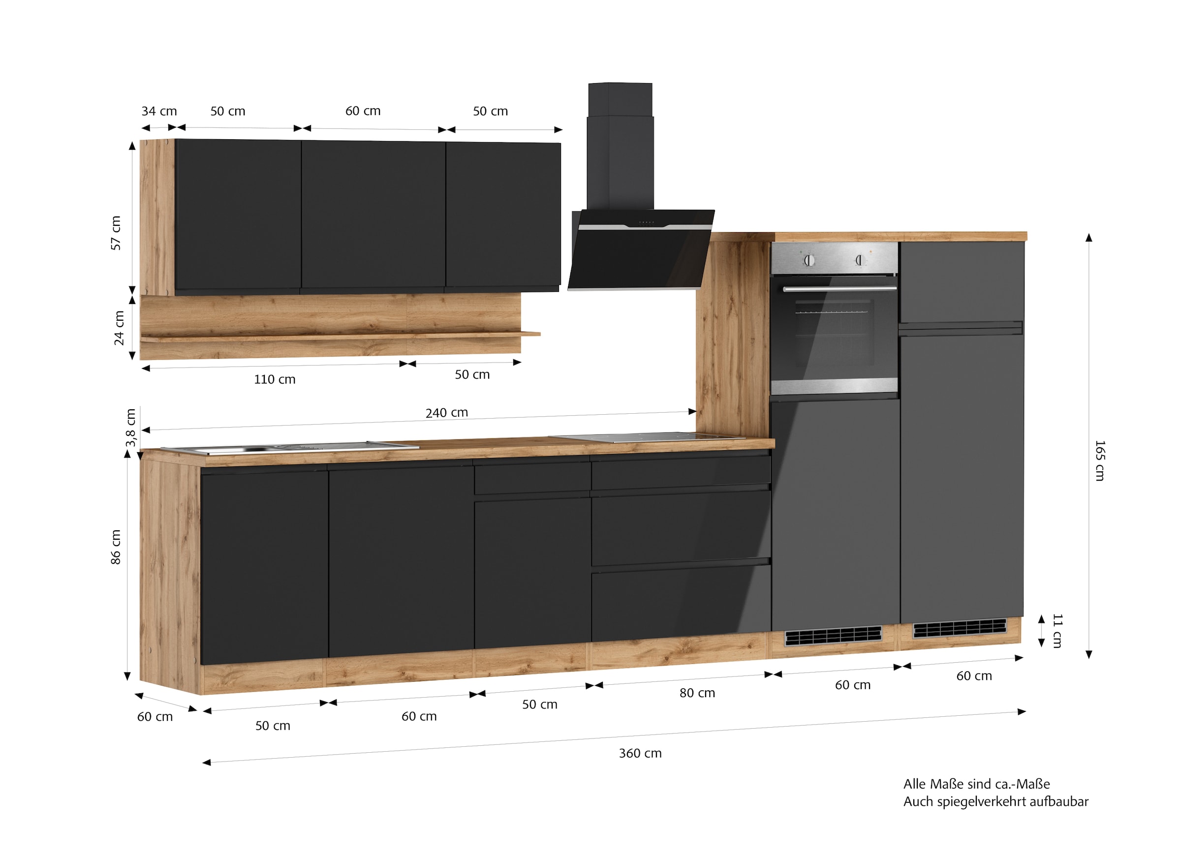 KOCHSTATION Küchenzeile »KS-Virginia,neu in verbesserter Ausführung« Arbeitsplatte 38 mm stark, Stauraum, Softclose,  Breite 360 cm, Softclose, wahlweise mit E-Geräten und Induktion
