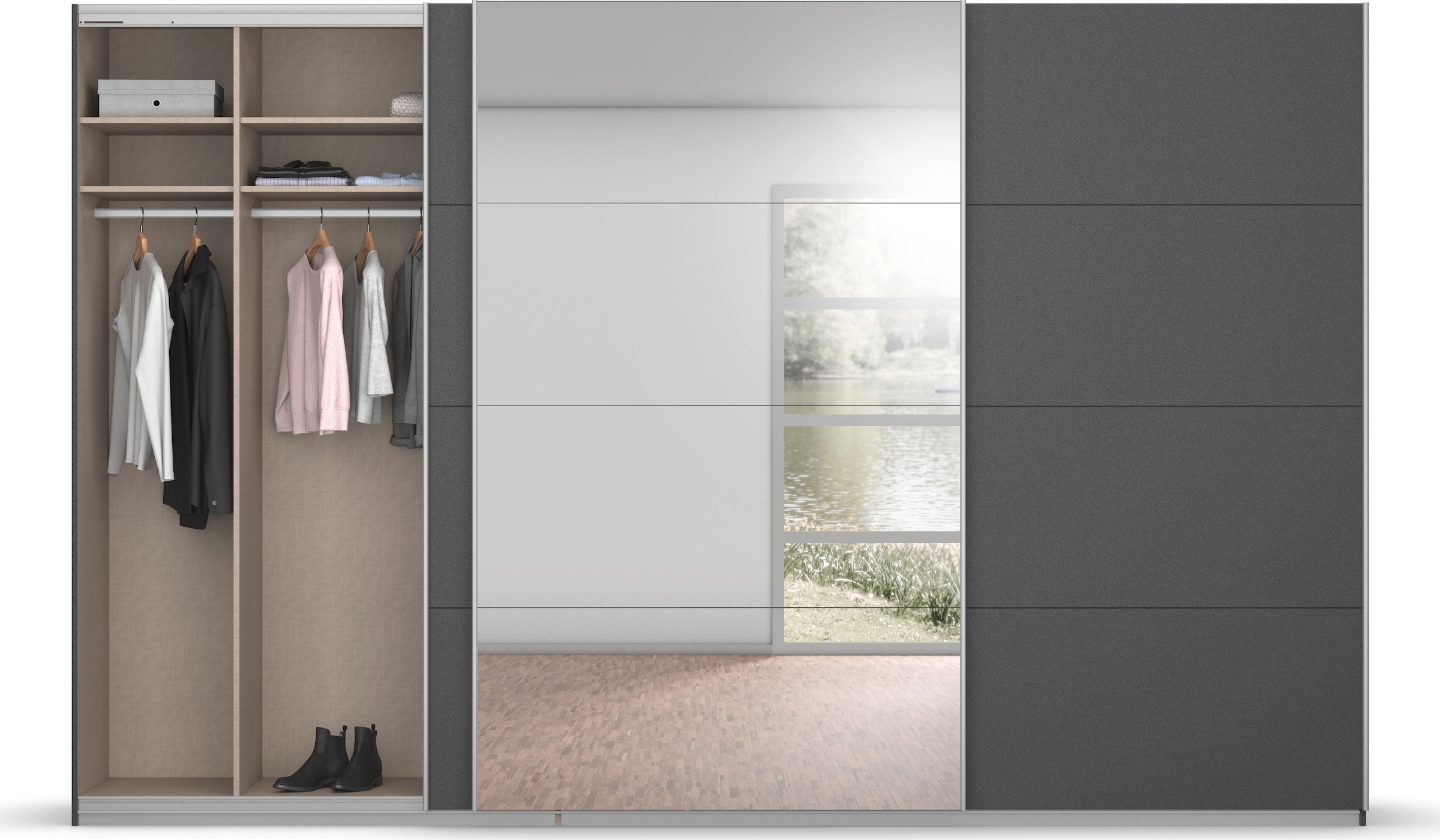 rauch Schwebetürenschrank »Kleiderschrank Schrank Garderobe KOLUNA mit Glastüren und Spiegel«, inkl. 2 Innenschubladen sowie extra Einlegeböden MADE IN GERMANY