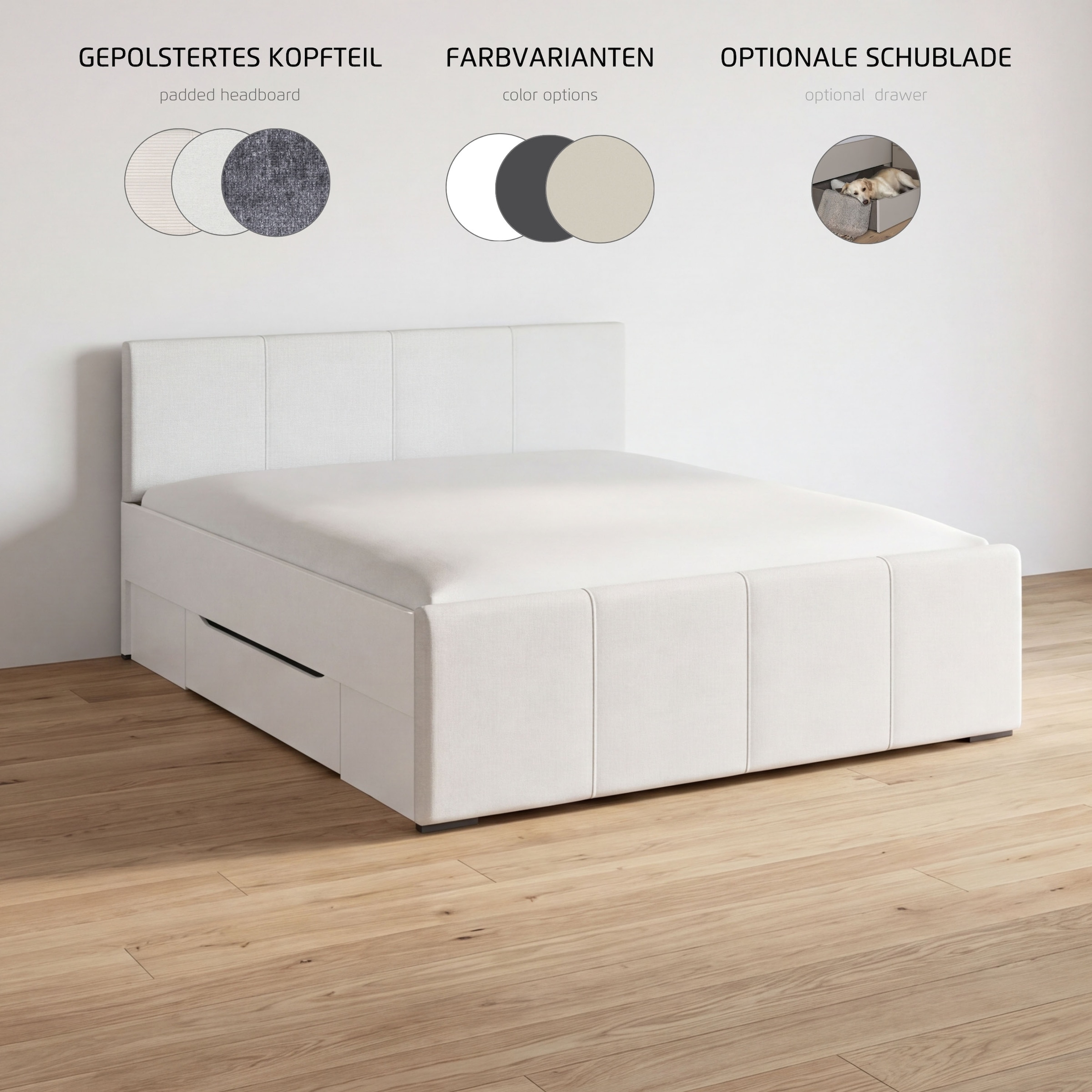 OTTO home Bett »Doppelbett Polsterbett Stauraumbett AGORDO« 180x200 cm, Kopf- und Fußteil aus Cordstoff oder Webstoff,  praktische Bettschubkästen für zusätzlichen Stauraum MADE IN GERMANY