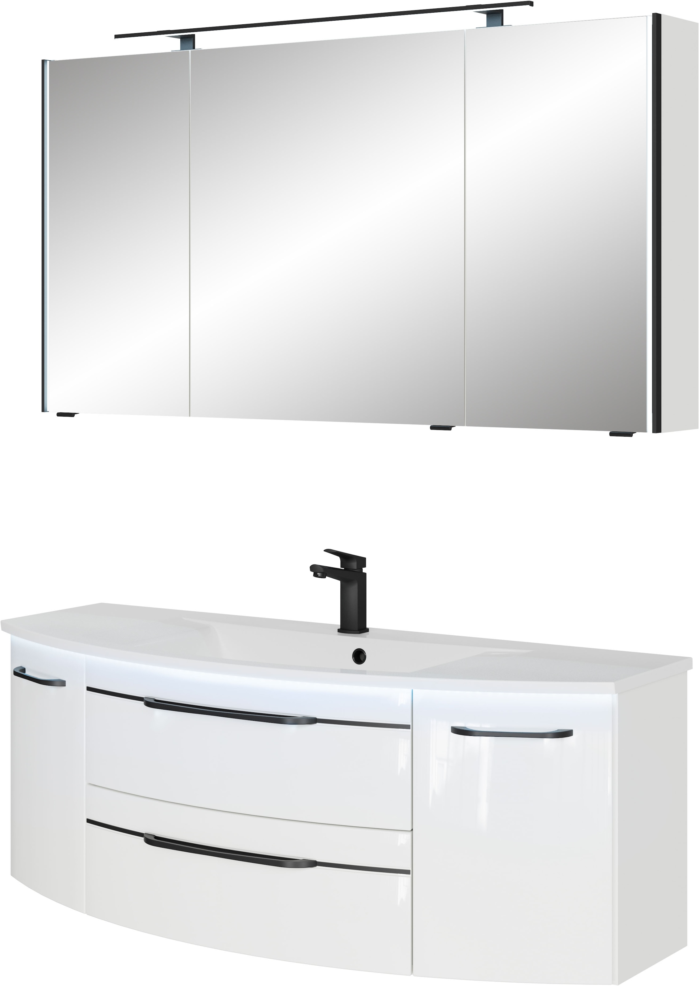 Saphir Badmöbel-Set »Serie 7045 2-teilig Mineralmarmor-Waschtisch mit LED-Spiegelschrank«, (Set, 2 St.), Badezimmer-Set 133,2 cm breit, inkl. Türdämpfer, 5 Türen, 2 Schubladen
