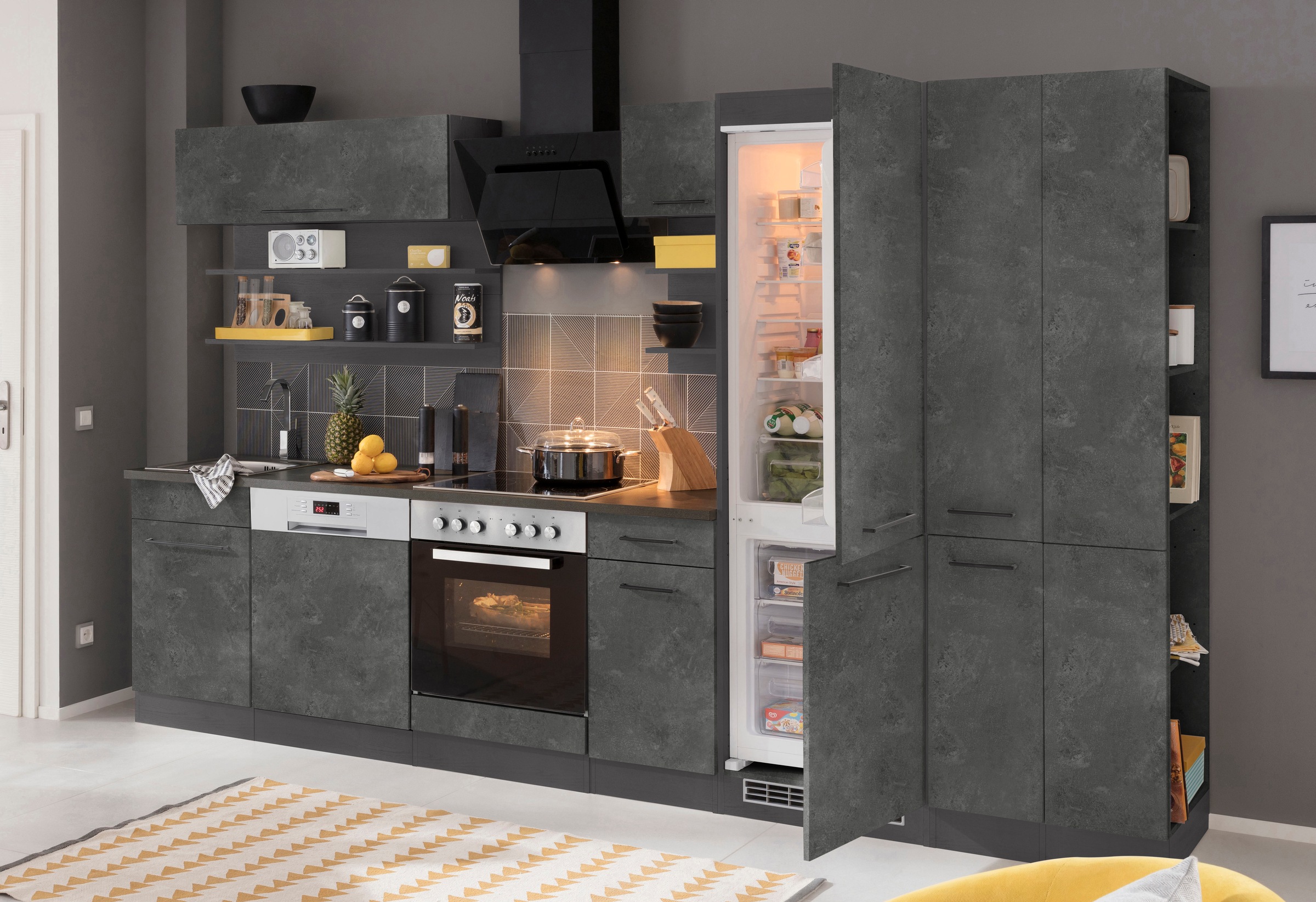 KOCHSTATION Küchenzeile »KS-Tulsa«, mit E-Geräten, Breite 300 cm, schwarze Metallgriffe, MDF Fronten