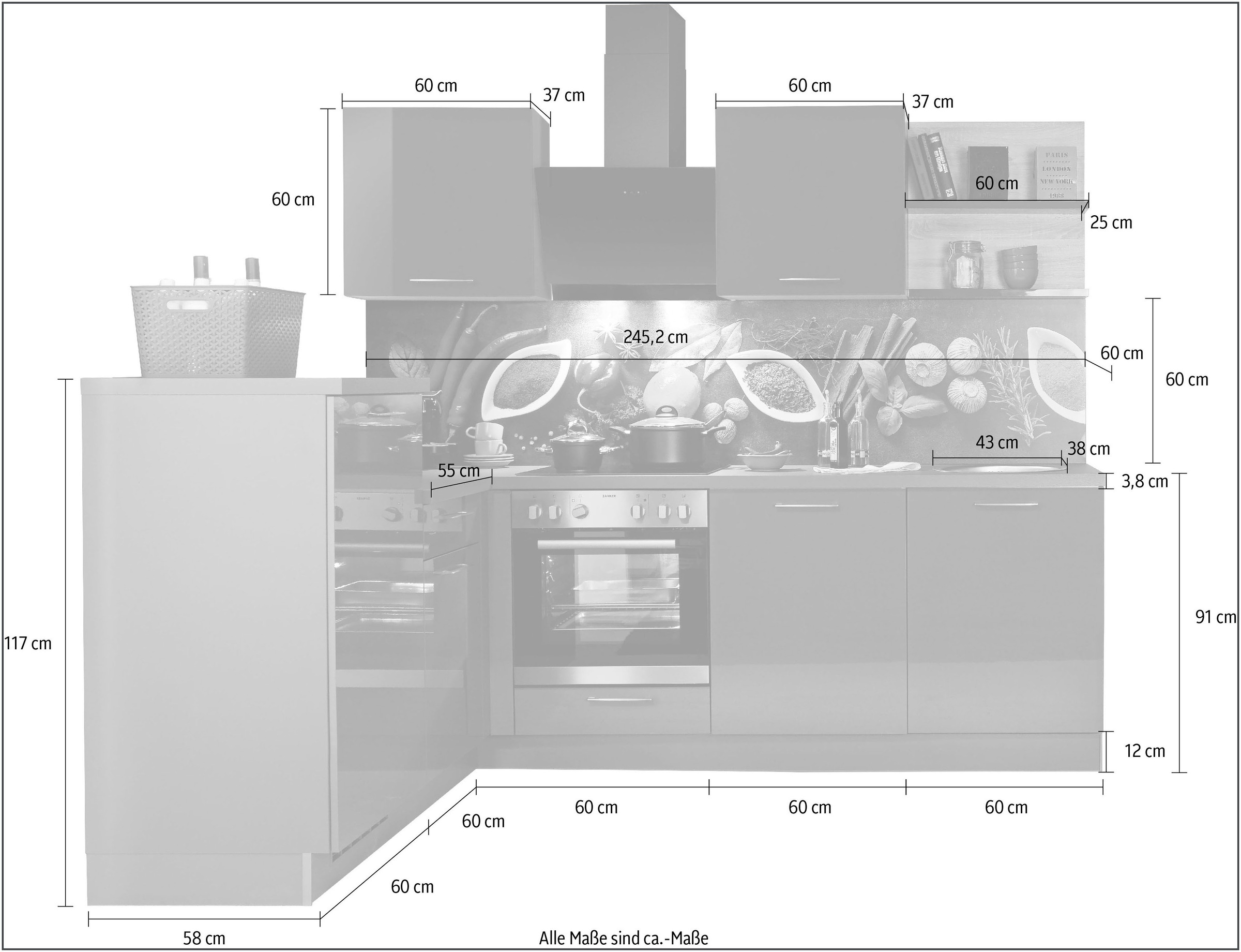 KOCHSTATION Winkelküche »"KS-Jena", vormontiert«, mit Soft-Close-Funktion, Stellbreite 245x175 cm, wahlw. mit E-Geräten