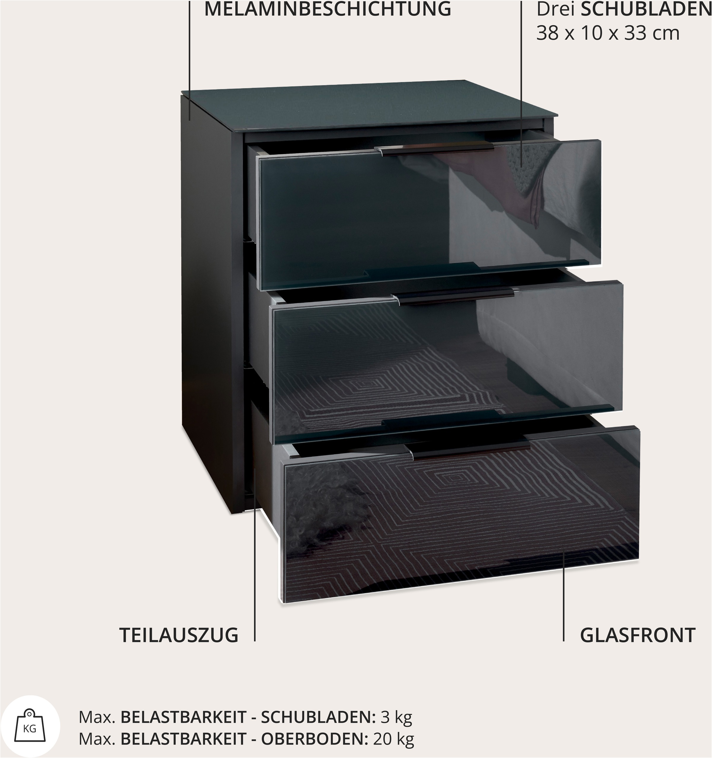 Schlafkontor Nachtkommode »Pari Nachtkonsole, Nachtschrank, Nachttisch« mit 3 Schubkastenfronten aus Glas