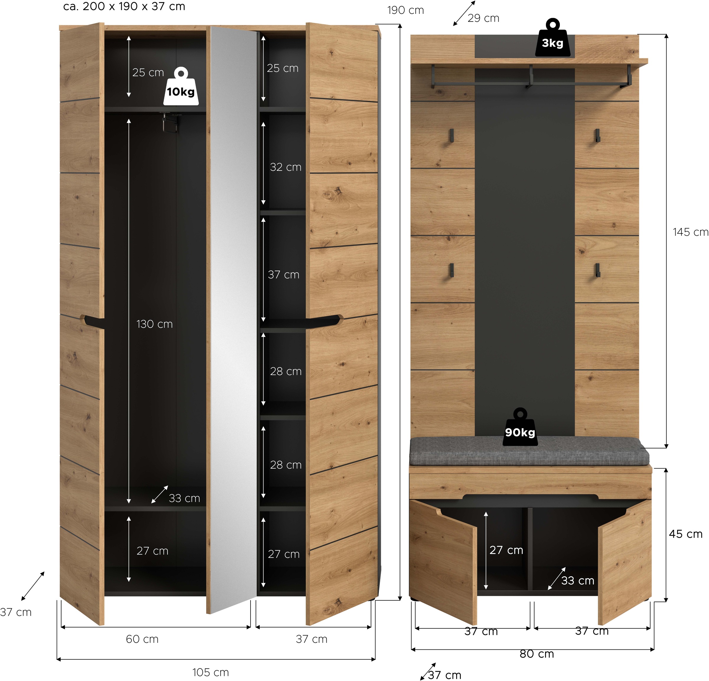 Home affaire Garderoben-Set »REHAT, TOPSELLER!, 4-teilig, Breite 200 cm, individuell stellbar« Set, best. aus: Garderobenschrank, Sitzbank, Sitzkissen & Garderobenpaneel, 4 Stk. tlg.