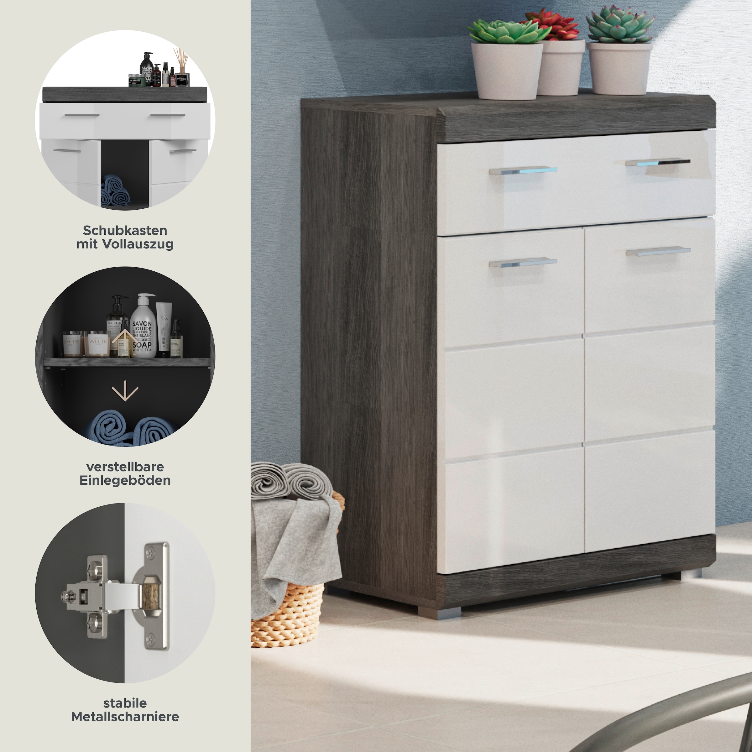 INOSIGN Unterschrank »Siena, Breite 74cm, 2 Tür, 1 Schubkasten, 2 Fächer, MDF-Front«, in verschiedenen Farben erhältlich, Badmöbel, Badschrank, Kommode, Bad