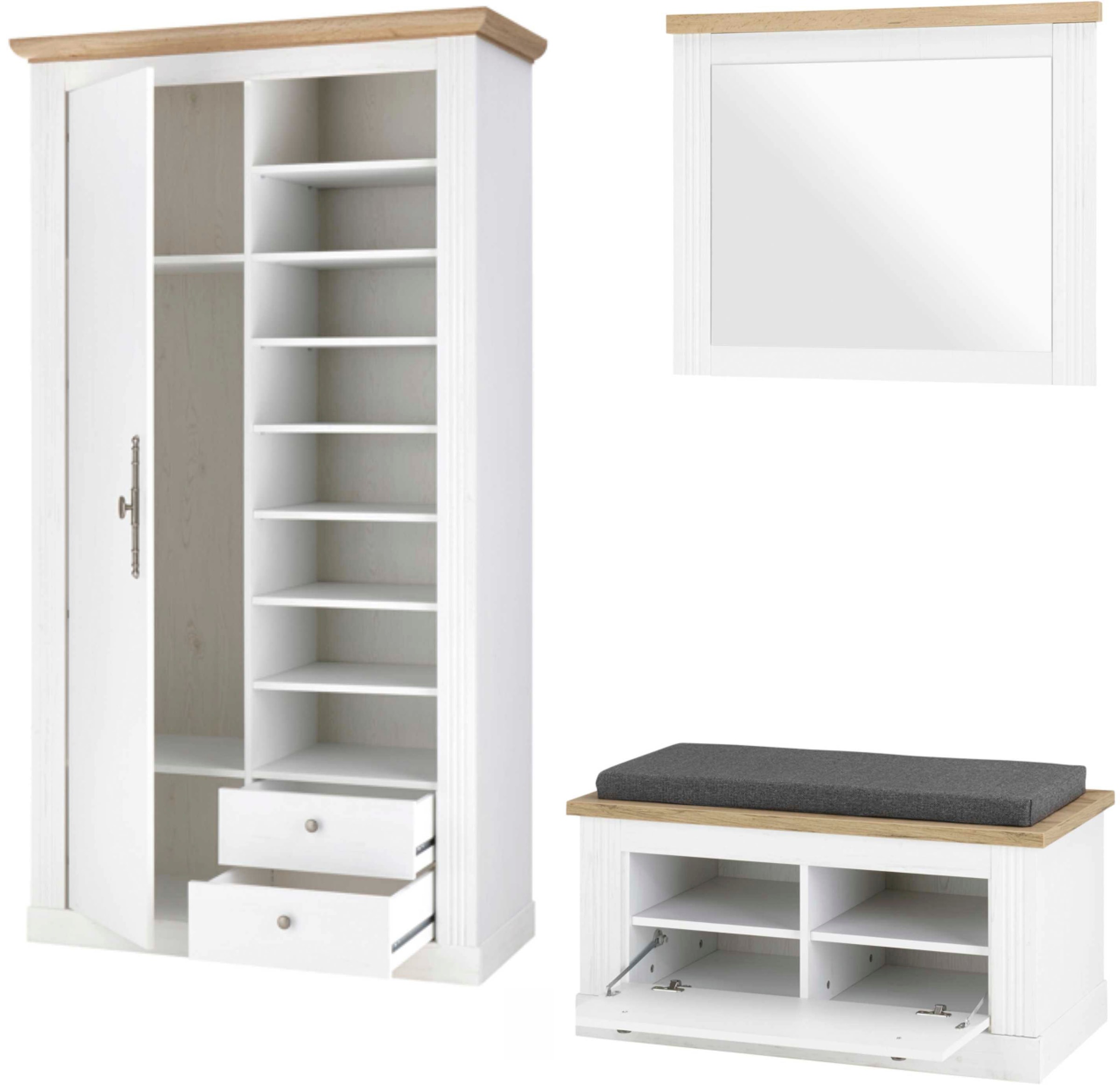 Home affaire Garderoben-Set »WESTMINSTER BESTSELLER!«, (3 St., Schuhbank, Spiegel, Garderobenschrank), im romantischen Landhausstil