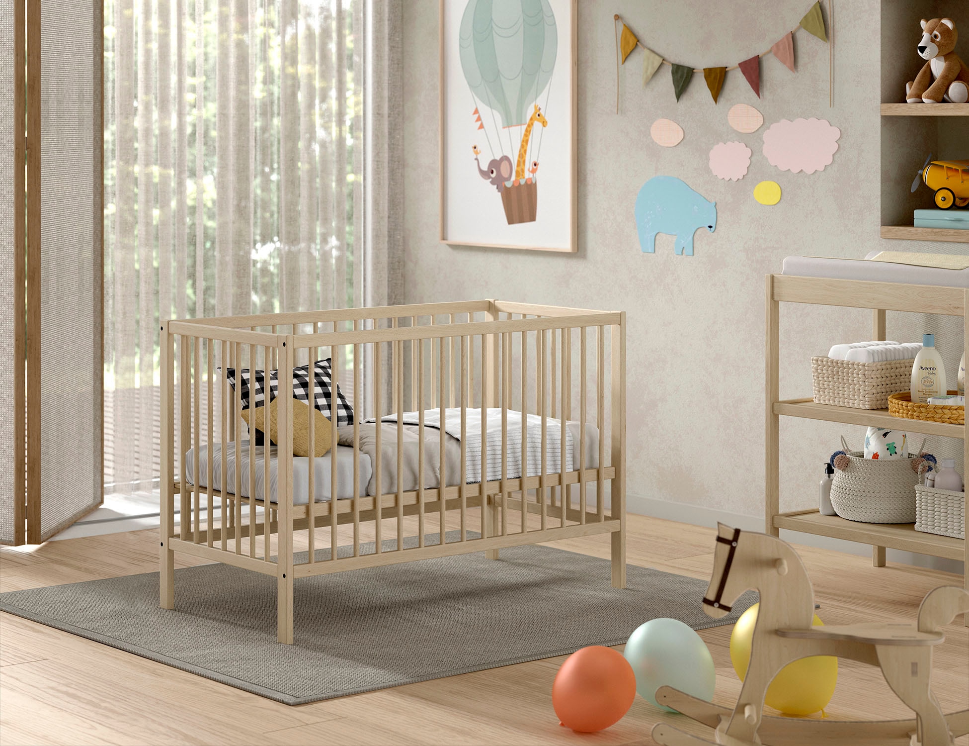 Vipack Babybett »Dino 60/120 cm mit 3-fach verstellbarem Lattenrost, stabile Bauweise«, Gitterbett aus massiver Buche, wahlweise in 3 Farben