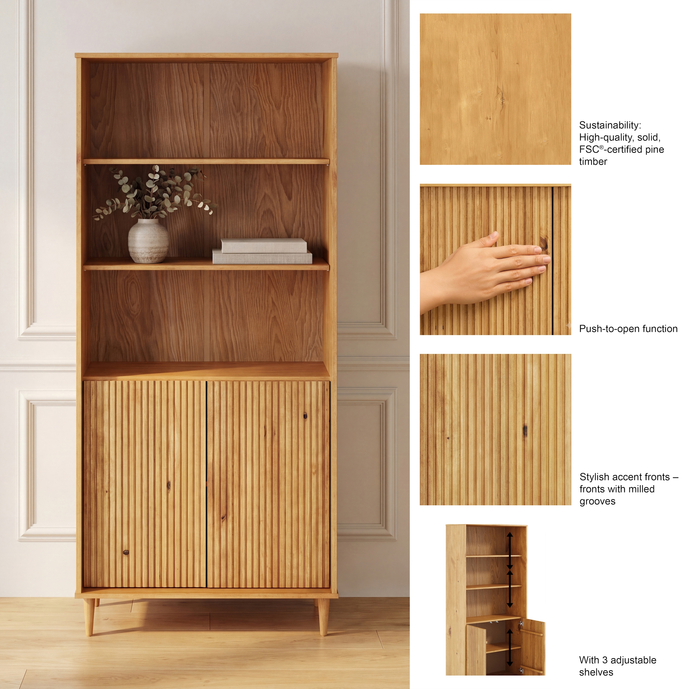 OTTO home Bücherregal »Malmedy Front mit gefrästen Rillen« Bücherschrank aus massivem Kiefernholz, Push-to-open, FSC, B: 80 cm