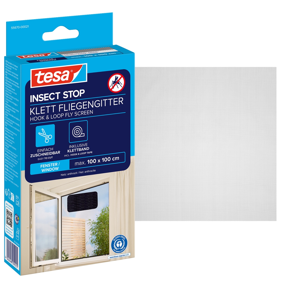 tesa Fliegengitter-Gewebe »Klett Fliegengitter für Fenster - Insektenschutz« Packung, Fliegennetz, Klettband, 1 Stk. tlg. Fliegen Netz - 100 cm x 100 cm