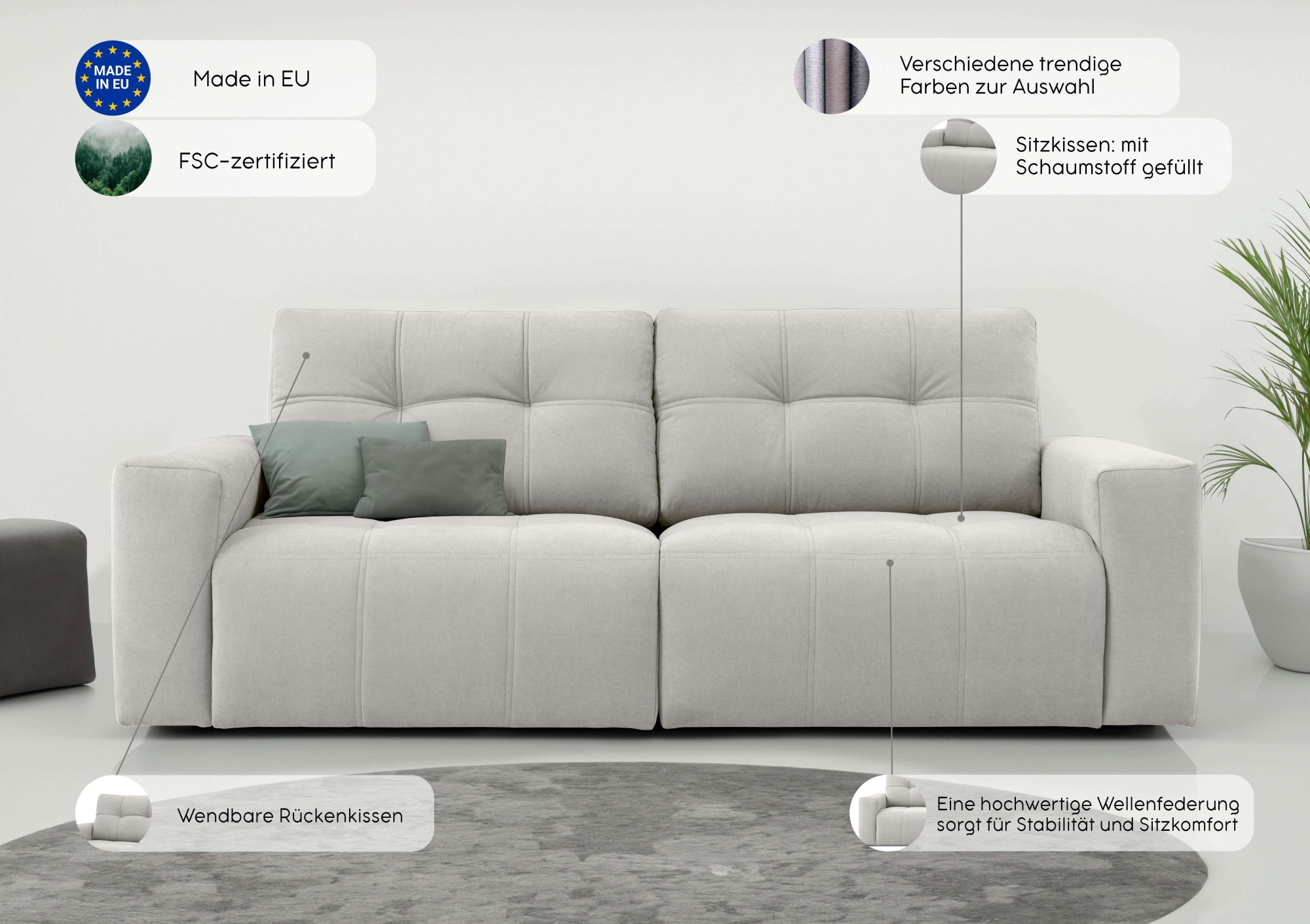 Home affaire 3-Sitzer »Turnon, Lounge-sofa, Breite 220 cm«, Chenille, mit Knopf- und Doppelsteppung, elegantes Aussehen