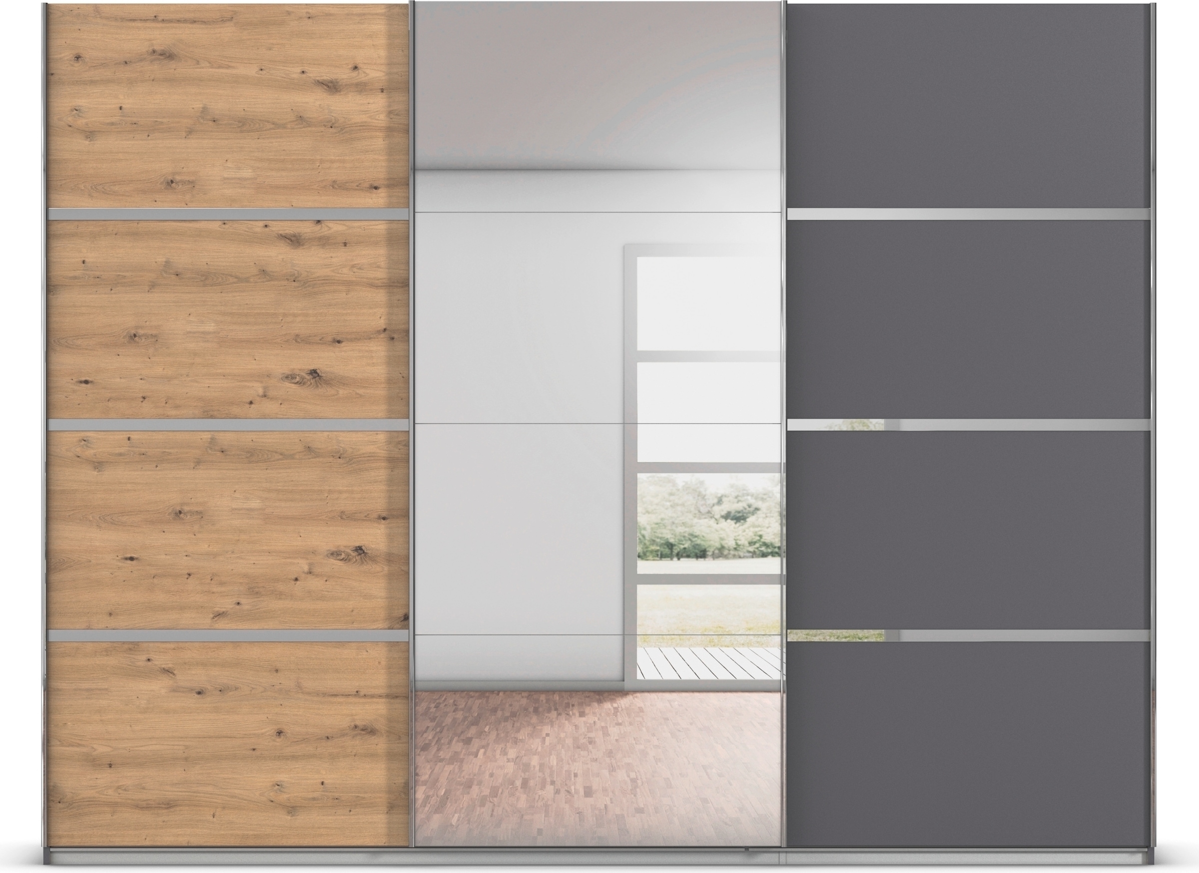 rauch Kleiderschrank »Schwebetürenschrank OTTO´s Choice Garderobe Schrank TOP ANGEBOT Avola«, (in 3 verschiedenen Ausstattungen BASIC/CLASSIC/PREMIUM inkl. Spiegel), mit eleganten Zierleisten in Chrom, Schwarz oder Weiß MADE IN GERMANY
