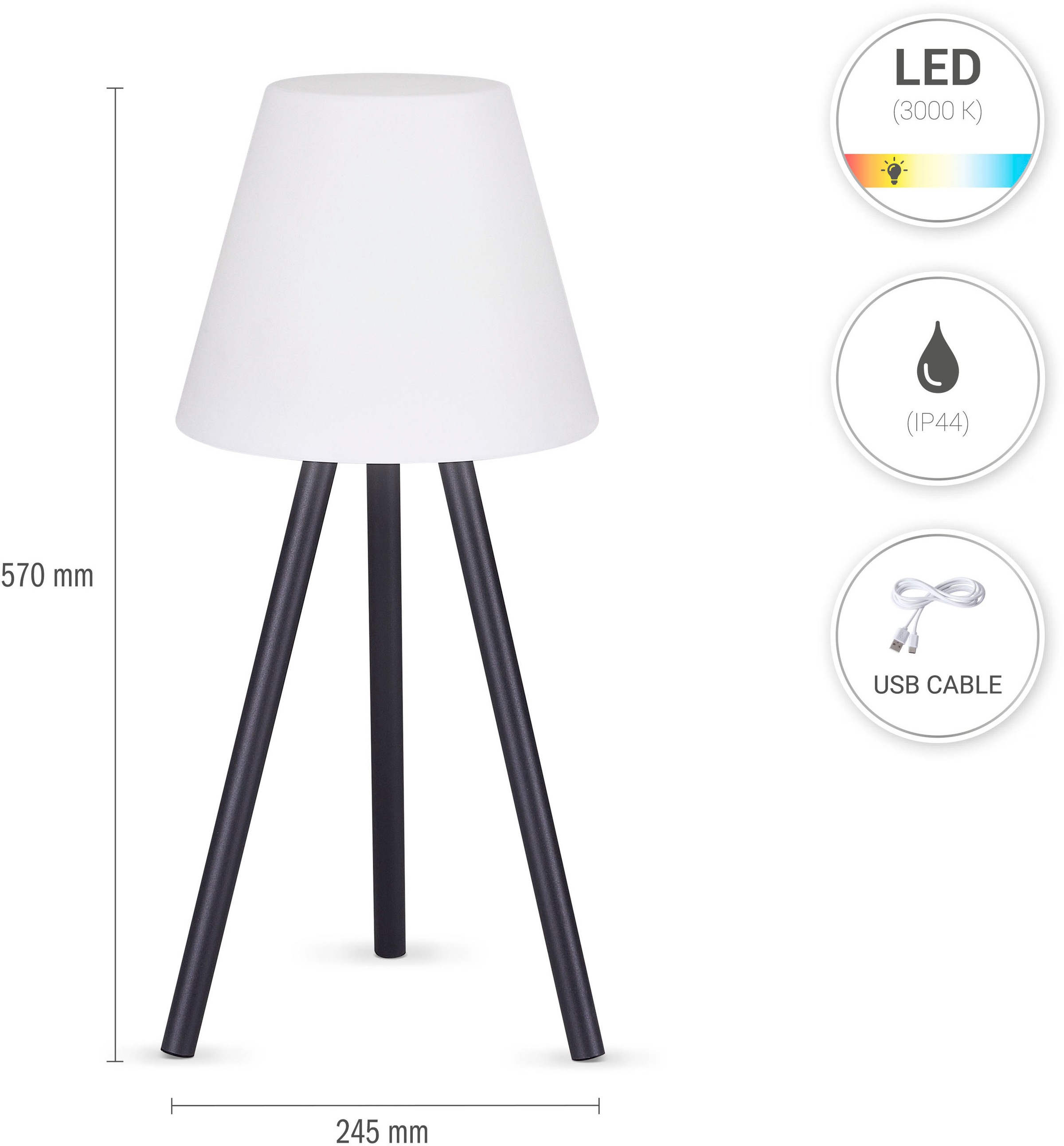 Paco Home Tischleuchte »ROBIN«, Dreibein Outdoor Balkon Für Außen LED Lampe Retro Skandi