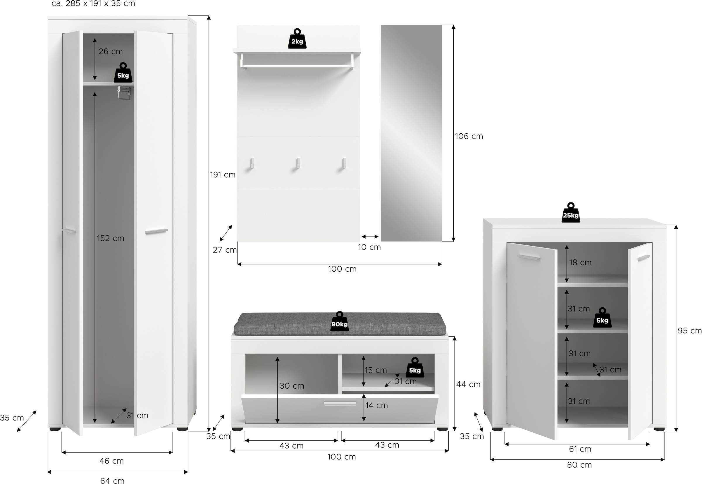INOSIGN Garderoben-Set »Aosta«, (Set, 6 St.), Aosta, Höhe 191 cm, Garderobenset, Flur, Diele