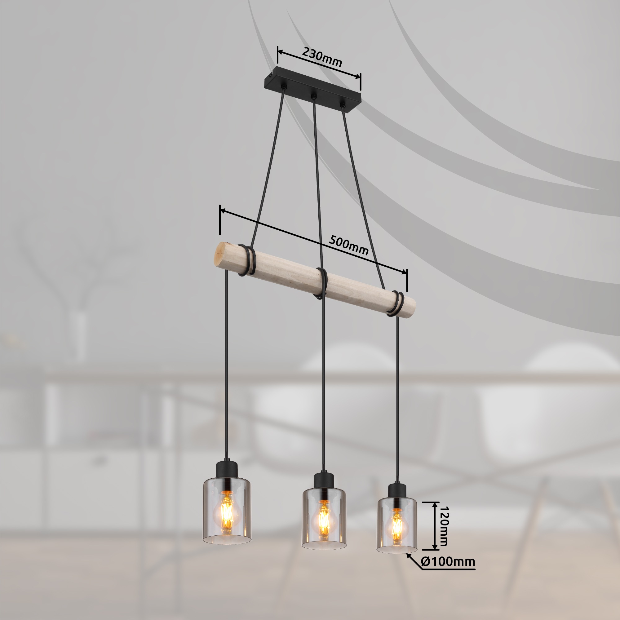 GLOBO LIGHTING Hängeleuchte »HADERA« E27 1 Stk. Hängeleuchte Schwarz/Holz, Rauchglas, höhenkürzbar, E27