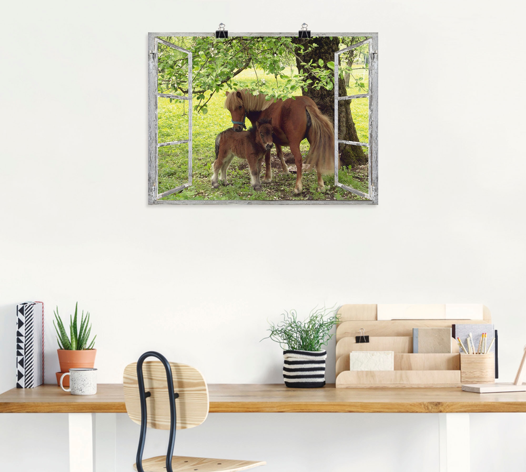 Artland Wandbild »Fensterblick - Pony mit Kind«, Haustiere, (1 St.), als Leinwandbild, Poster, Wandaufkleber in verschied. Größen