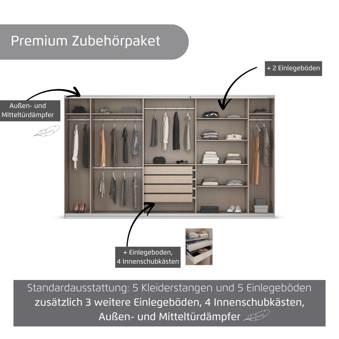 rauch Kleiderschrank »Schwebetürenschrank OTTO´s Choice Garderobe Schrank TOP ANGEBOT Avola«, (in 3 verschiedenen Ausstattungen BASIC/CLASSIC/PREMIUM), mit eleganten Zierleisten in Chrom, Schwarz oder Weiß MADE IN GERMANY