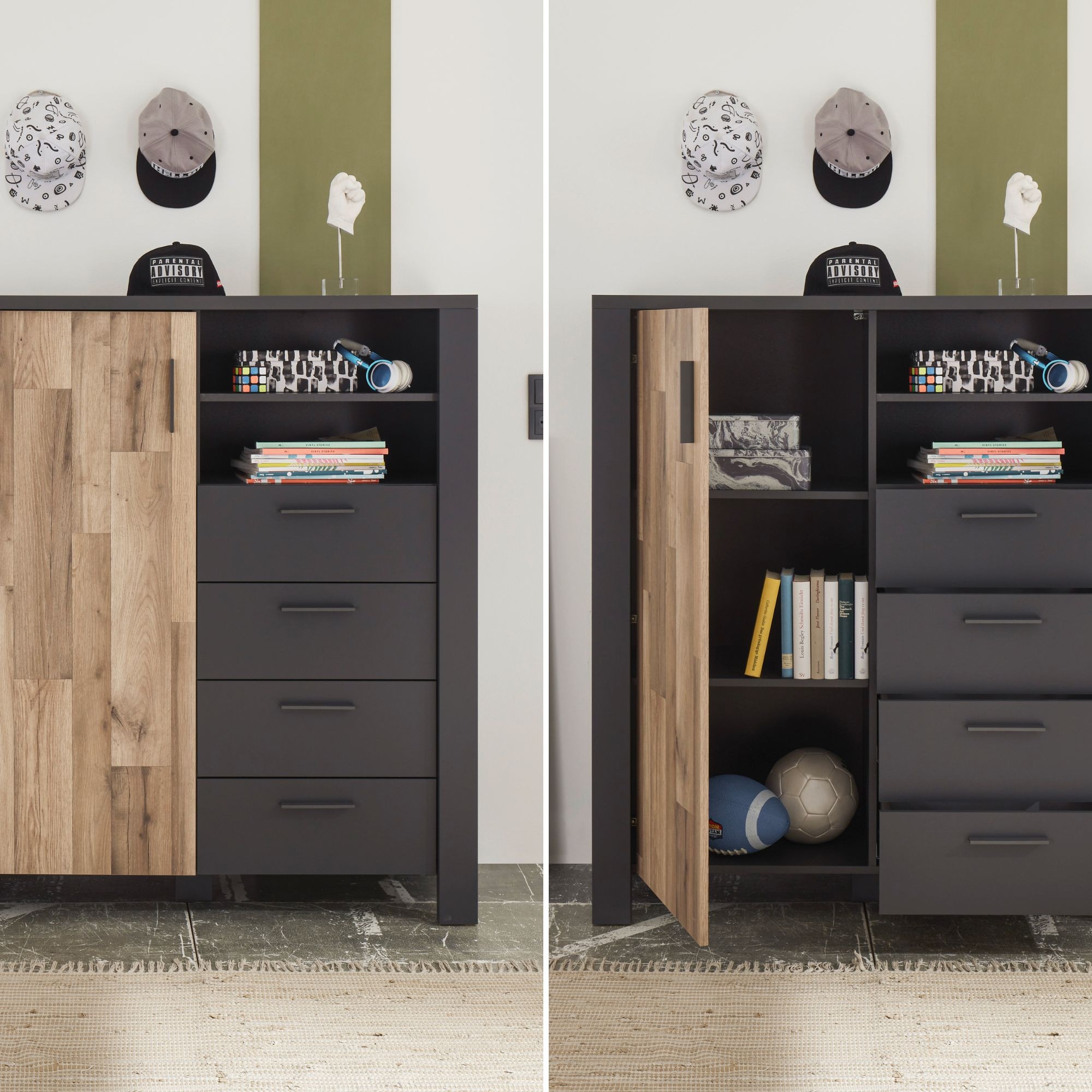 Begabino Schubkastenkommode »Dallas Hochkommode, Sideboard, Wäscheschrank«, mit Schubkästen, Schrank in Montana Oak-Graphit