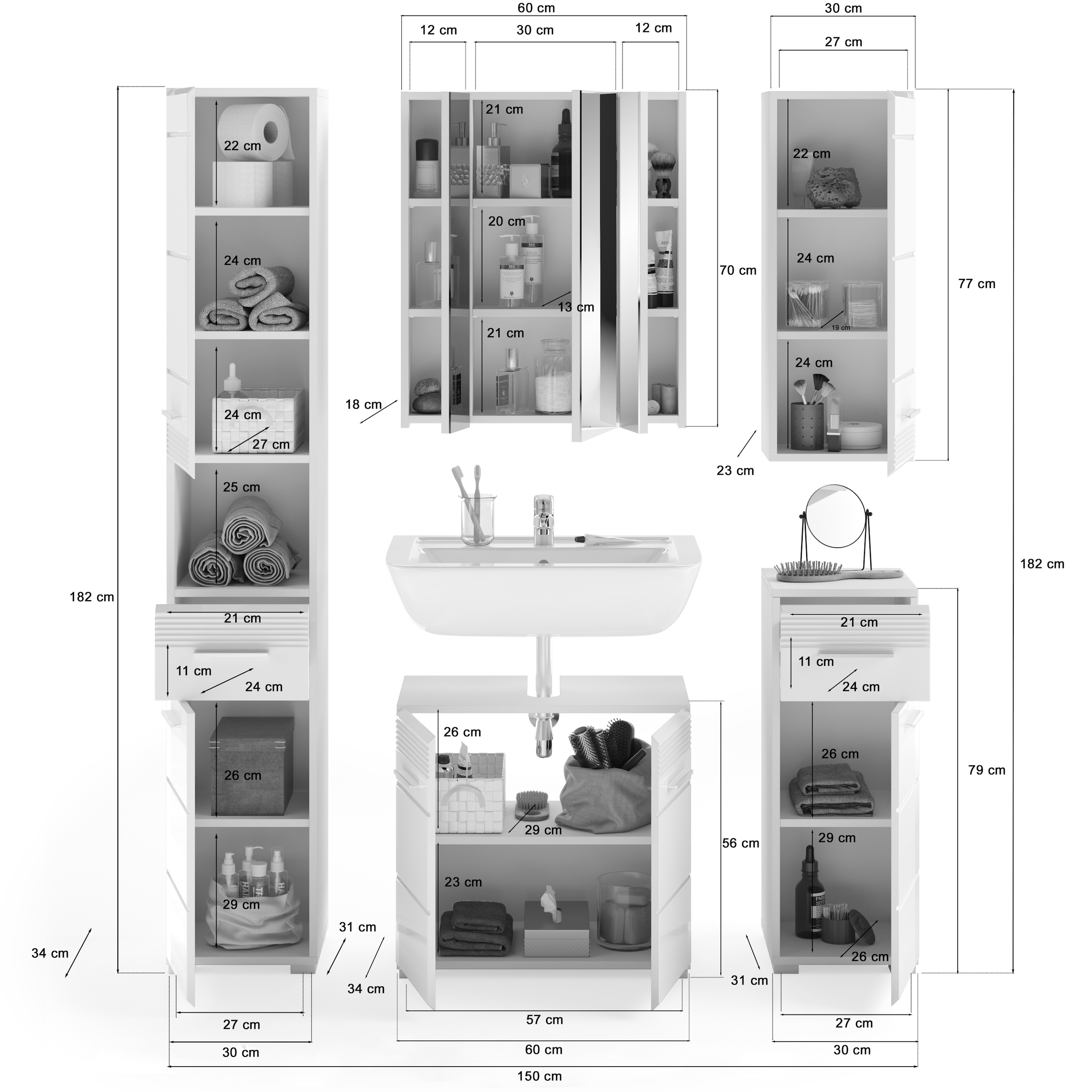 INOSIGN Badmöbel-Set »Malmö, 5 teilig, inklusive LED Beleuchtung, bestehend aus:«, (Set, 5 St.), Hochschrank, WBU, Spiegelschrank, Unterschrank, Hängeschrank