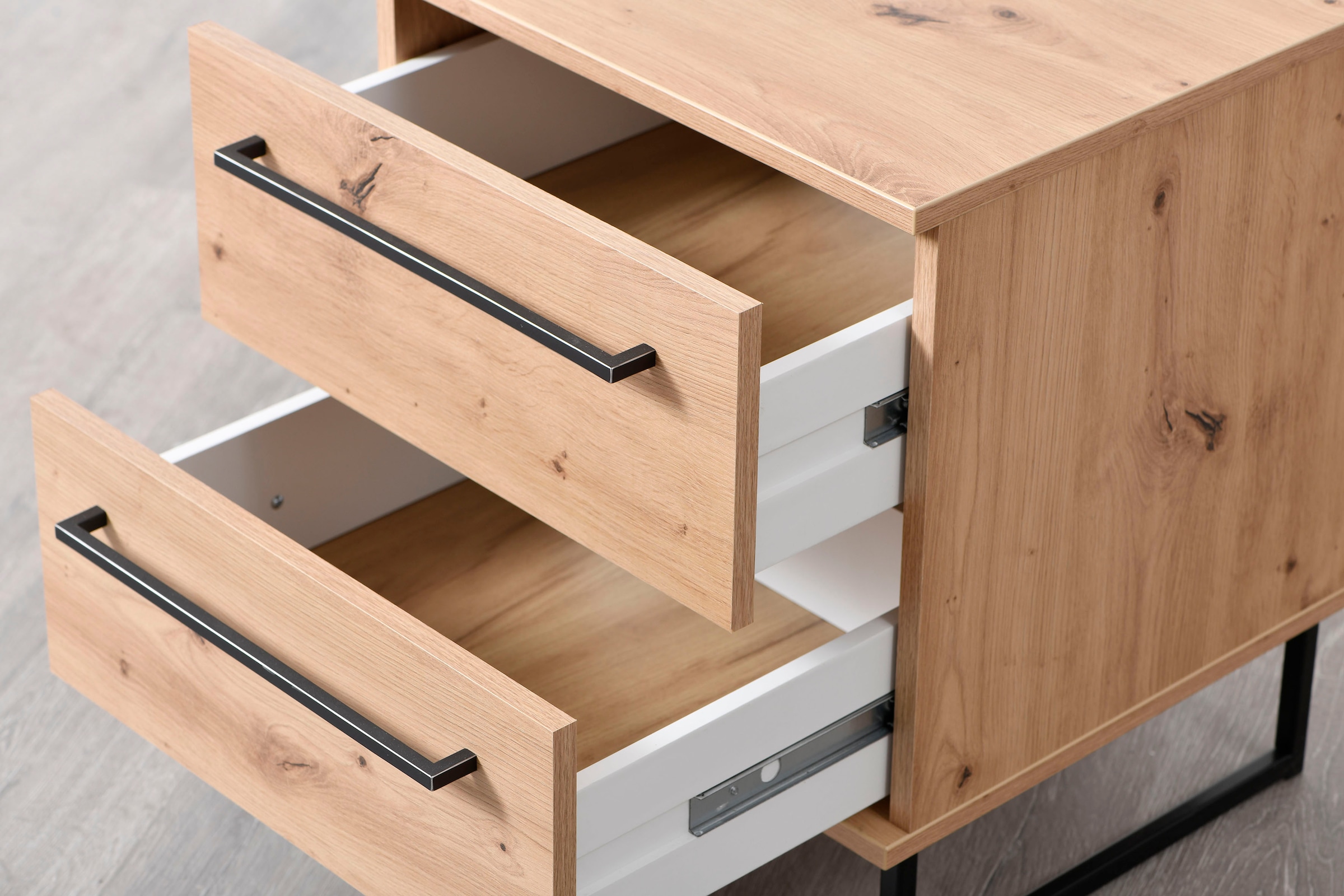 INOSIGN Nachtkommode »Sardinia, Nachtschrank, Maße (B/T/H): 45,5/35/54 cm«, (FSC-zertifizierter Holzwerkstoff), mit 2 Schubladen, Metallgriffe und Metallfüße in Kufenform