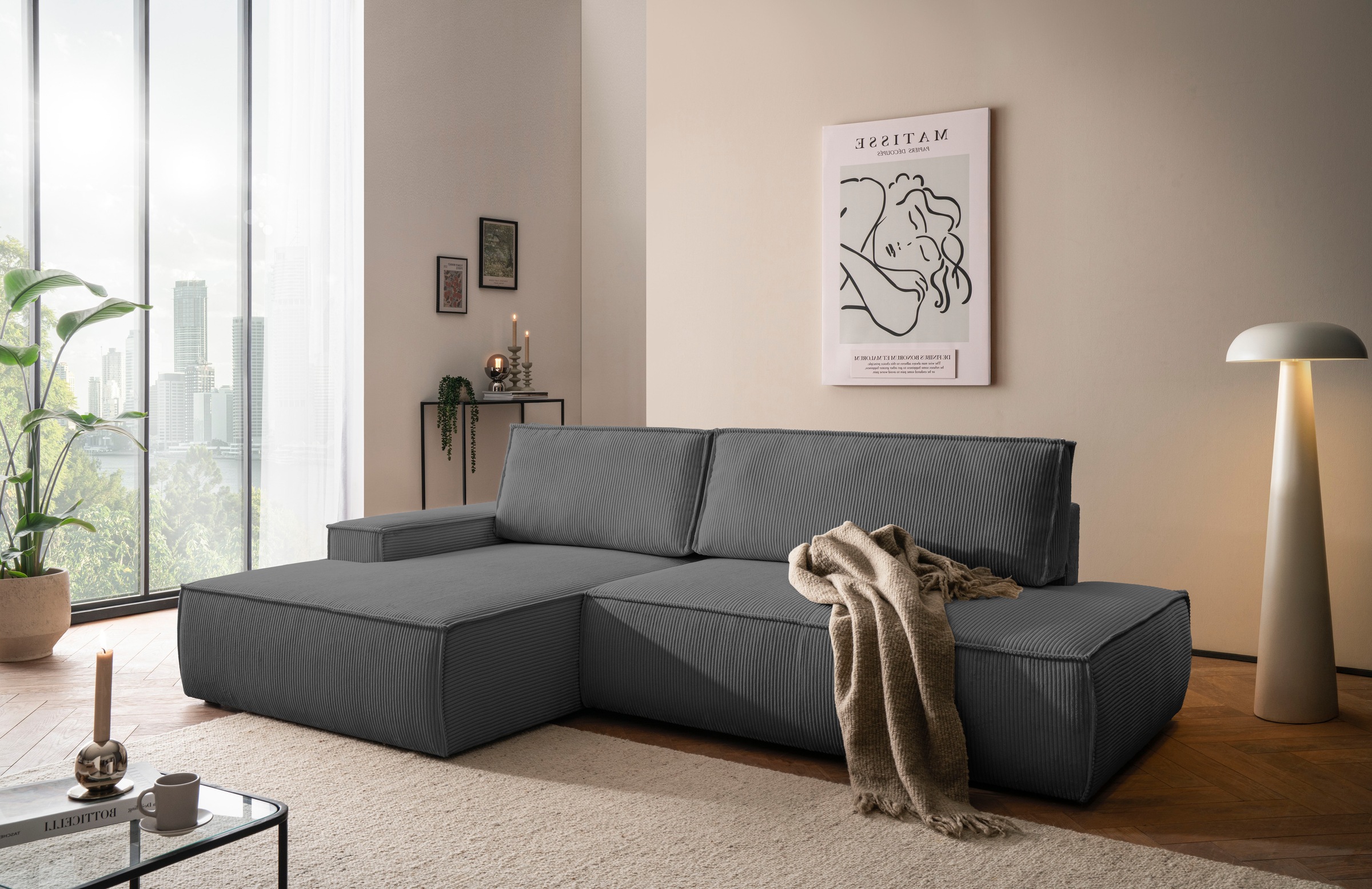 Home affaire Ecksofa »SHERWOOD, Schlafsofa in L-Form offen (275cm), Cord, Leinenoptik«, Schlaffunktion und Bettkasten, Kedernaht, hoher Sitz- & Liegekomfort