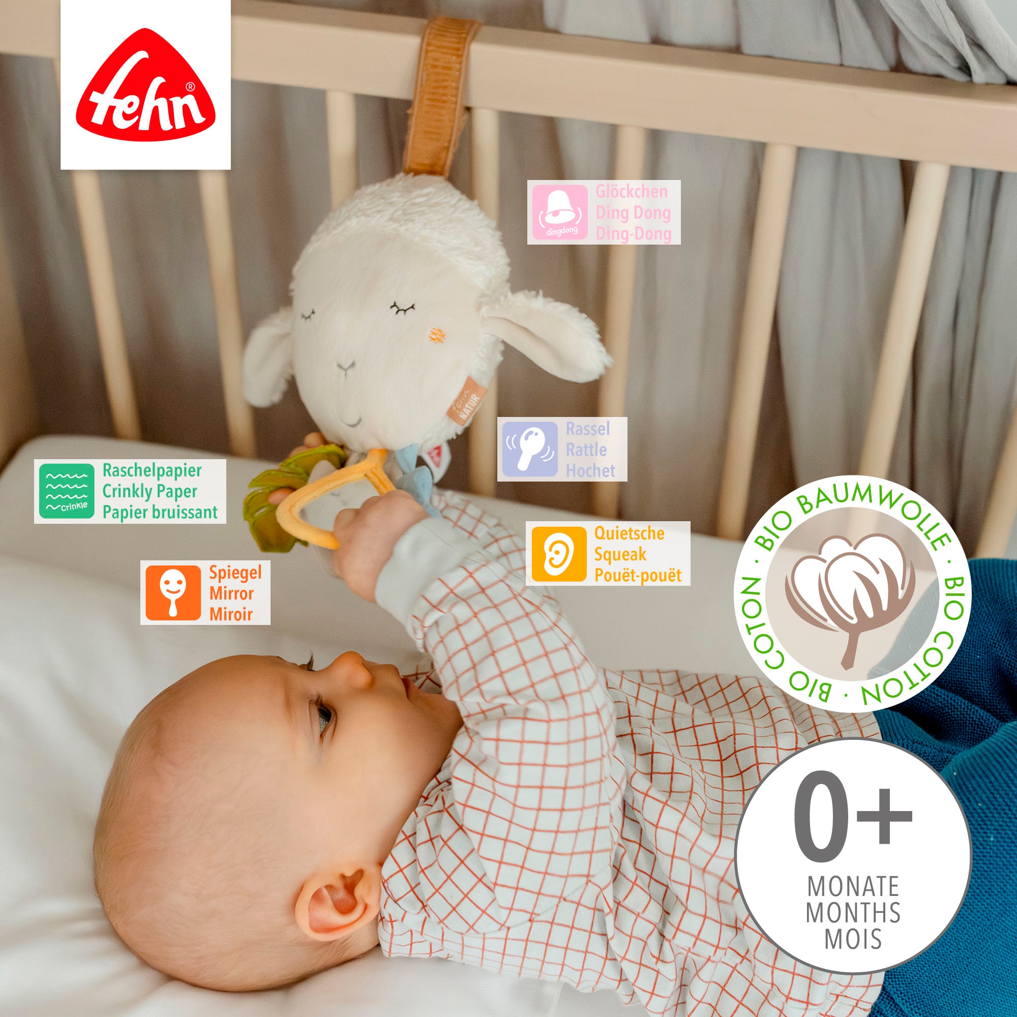 Fehn Greifspielzeug »fehnNATUR, Activity-Schaf«, zur Befestigung an Kinderwagen, Babyschale oder Bett