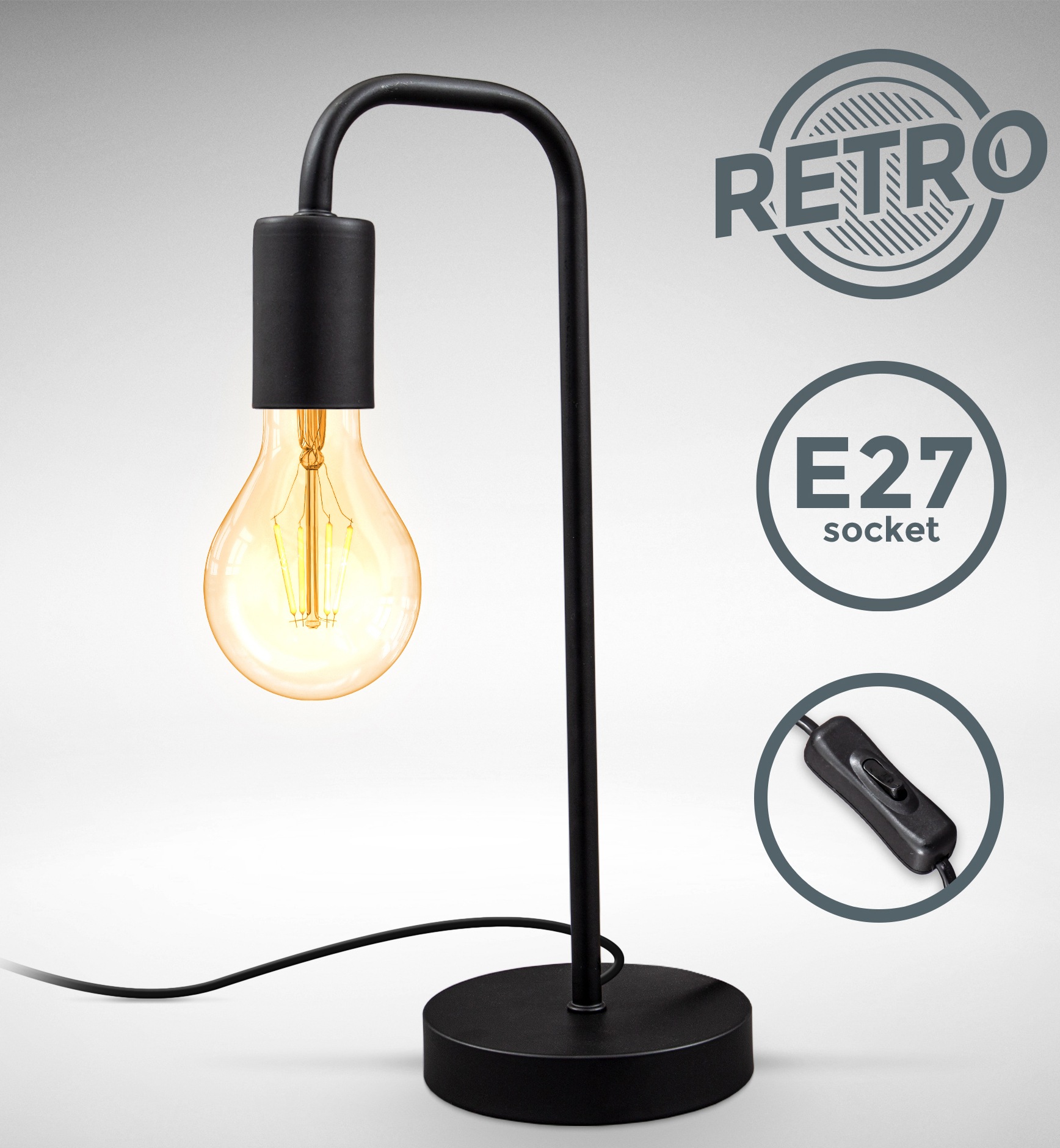 B.K.Licht Tischleuchte »BK_TL1381 Retro Tischlampe, Gebogen, Matt-Schwarz, E27«, 1 flammig, Leuchtmittel E27 | ohne Leuchtmittel, Kabel mit Schalter, Metall, Runde Leselampe